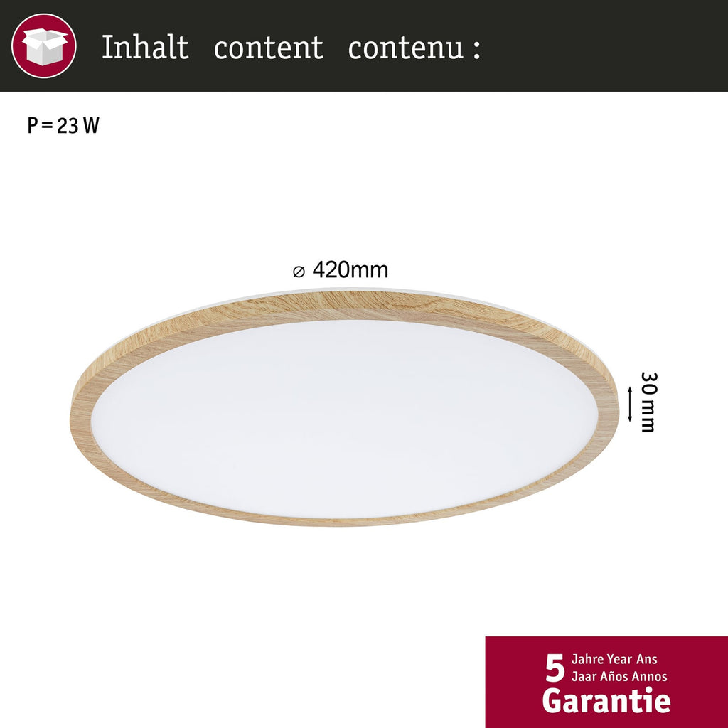 Nærbilde av eikefinish på LED taklampe Atria Shine eik Ø42 cm