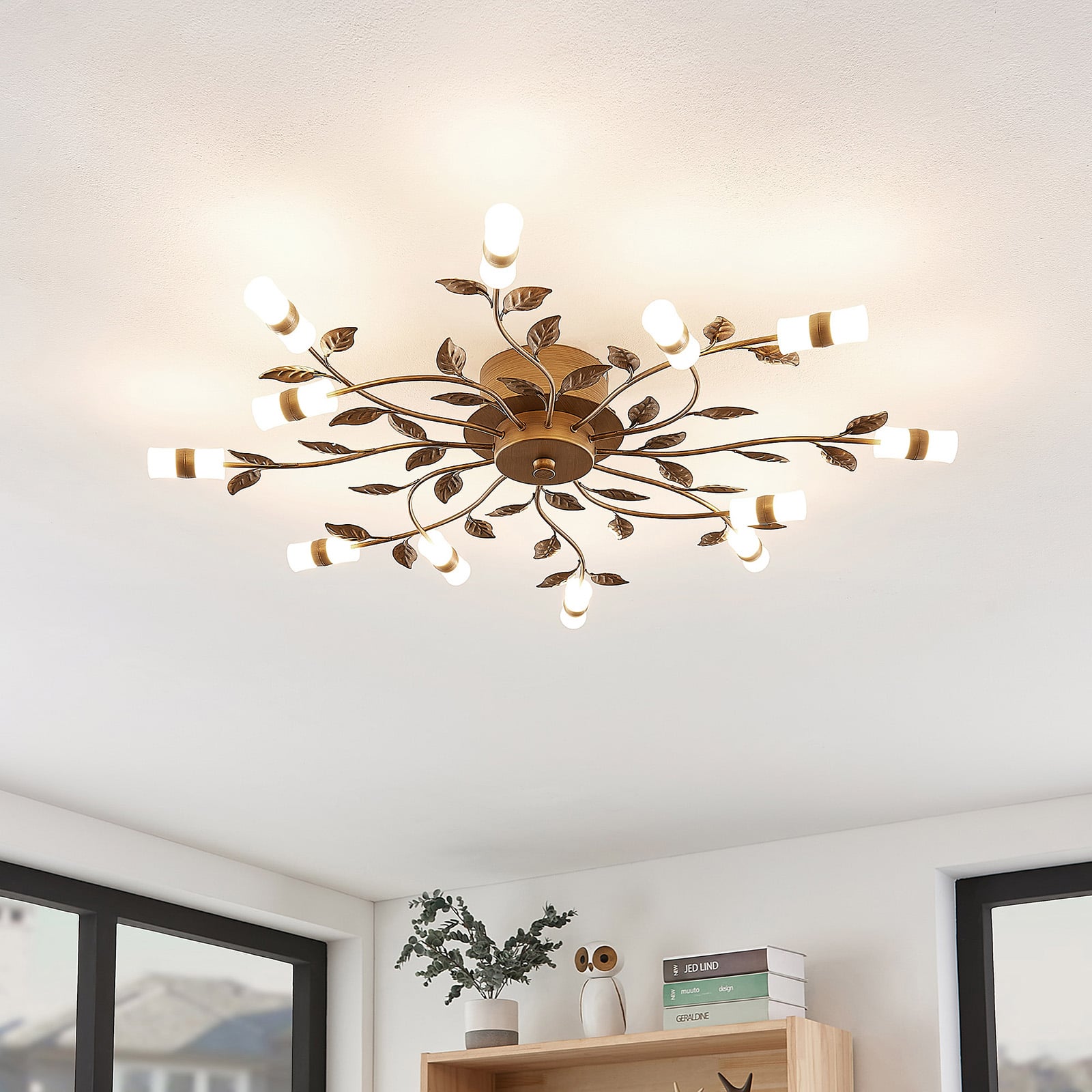 LED taklampe Bentas med bladdekor bronse Ø80 cm forfra