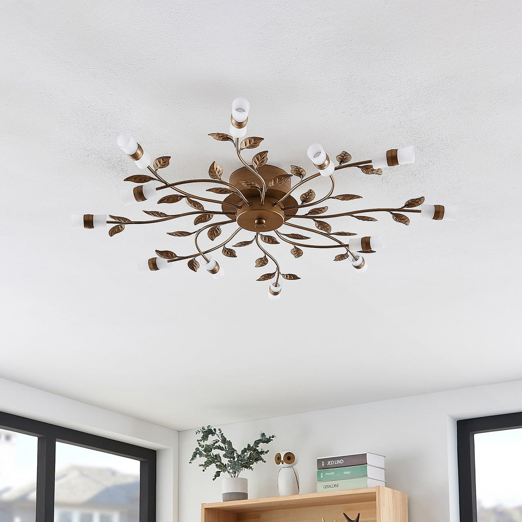 LED taklampe Bentas med bladdekor bronse Ø80 cm detalj av bladdekor