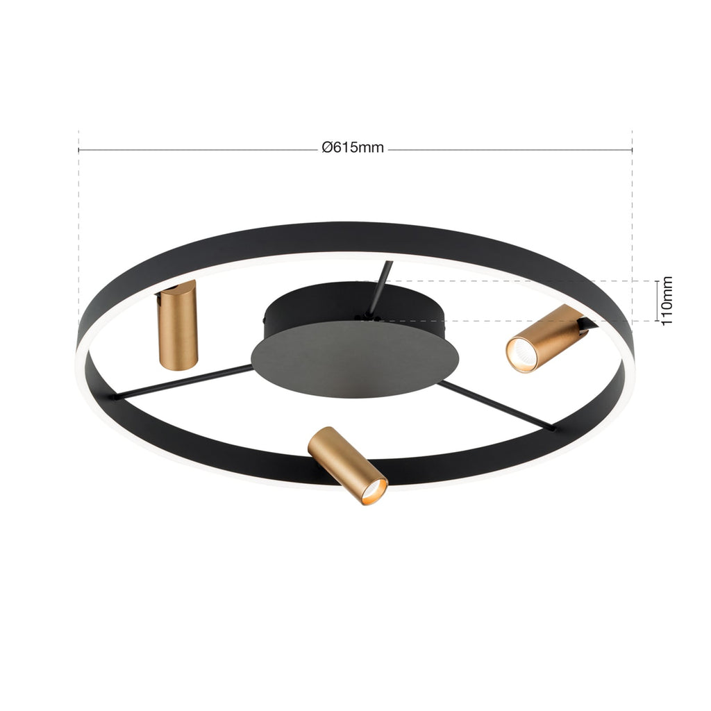 LED taklampe Berlin med 3 spotter svart/gull dimbar - ORION sideprofil