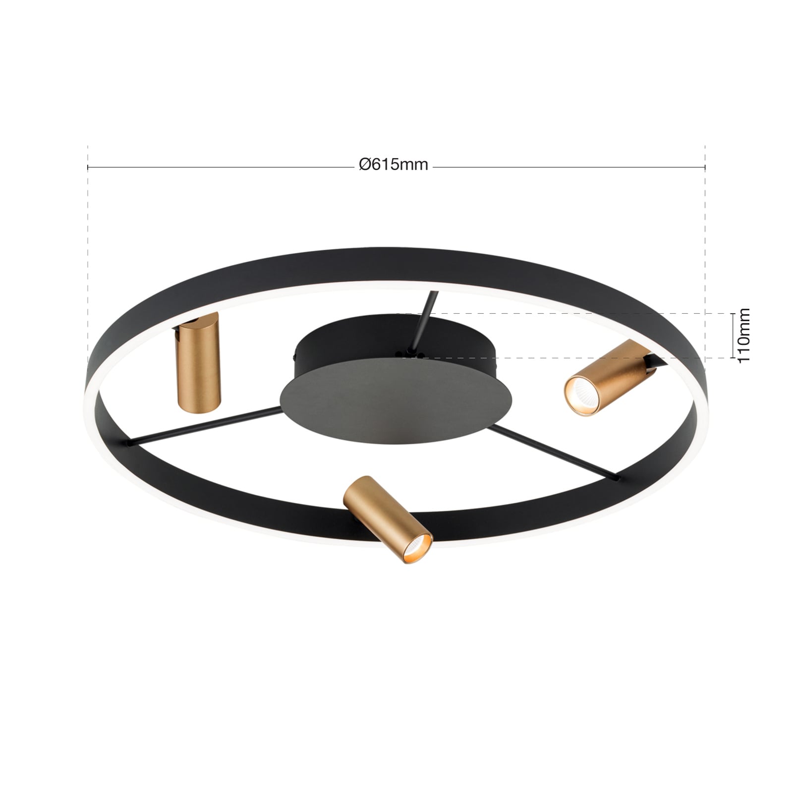 LED taklampe Berlin med 3 spotter svart/gull dimbar - ORION sideprofil
