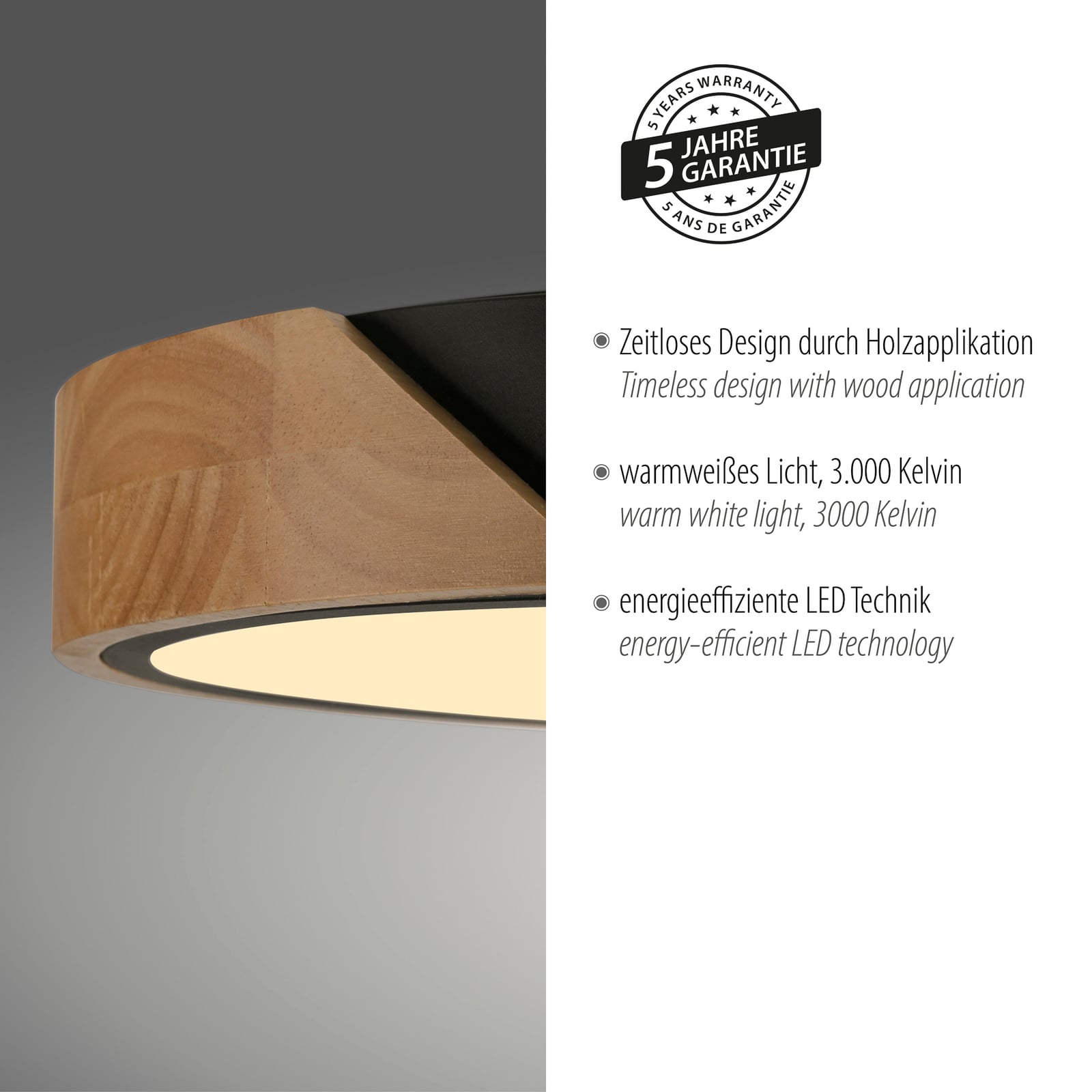 LED taklampe Bila svart tre Ø32 cm lysdetalj