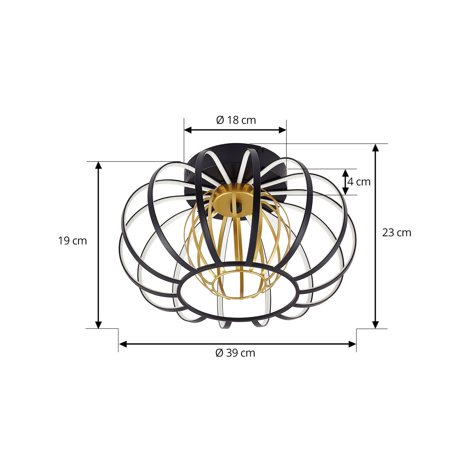LED taklampe Birger dimbar svart/gull Ø39 cm nærbilde