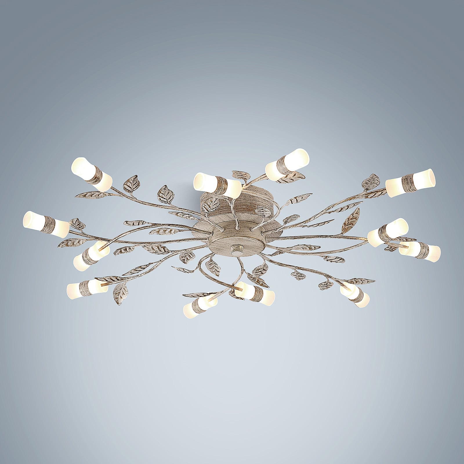 Nærbilde av glasslamper på LED taklampe Bolonia 12-lys bronse/hvit Ø80 cm