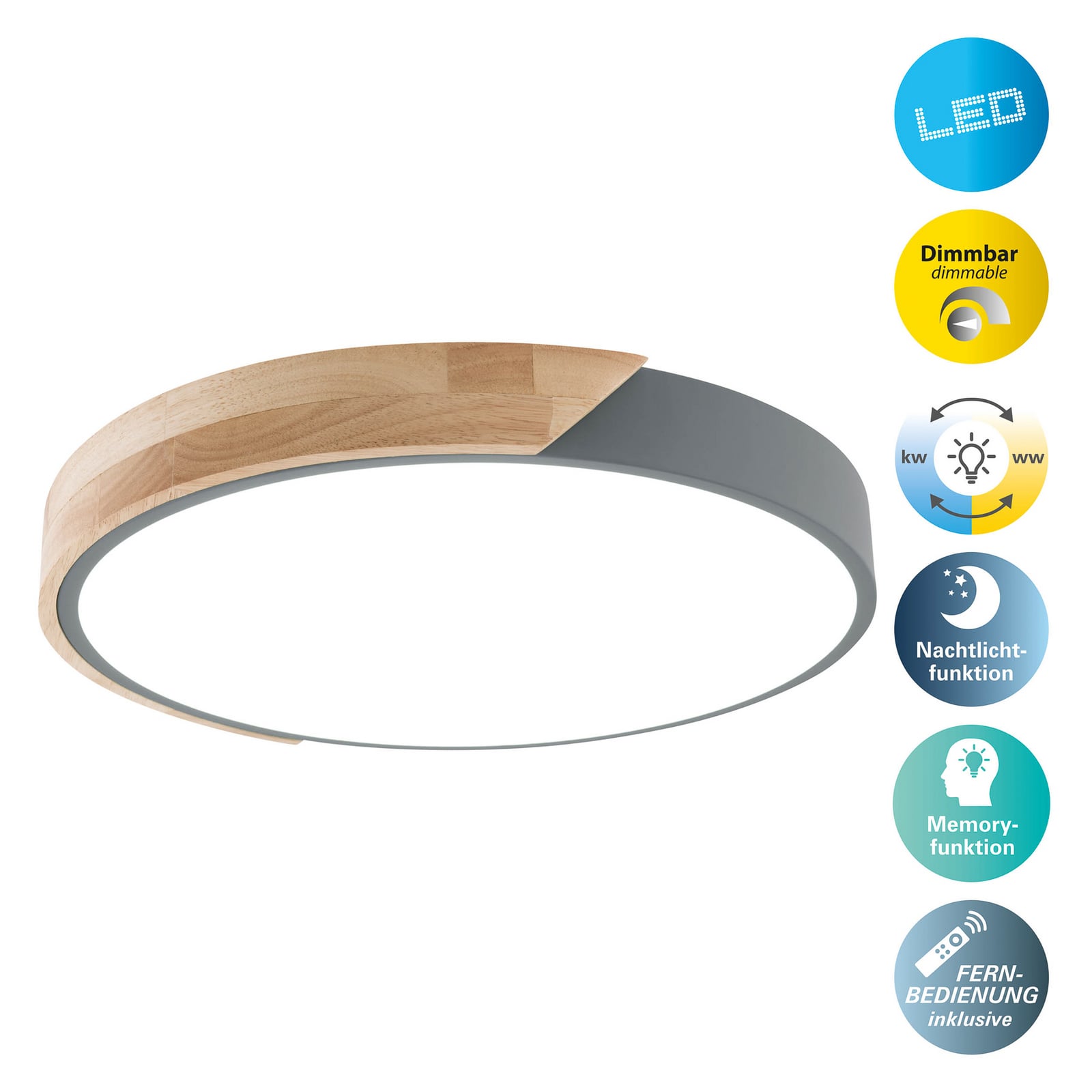 LED taklampe Borneo eik/metall CCT dimbar Ø52 cm 32W oversikt