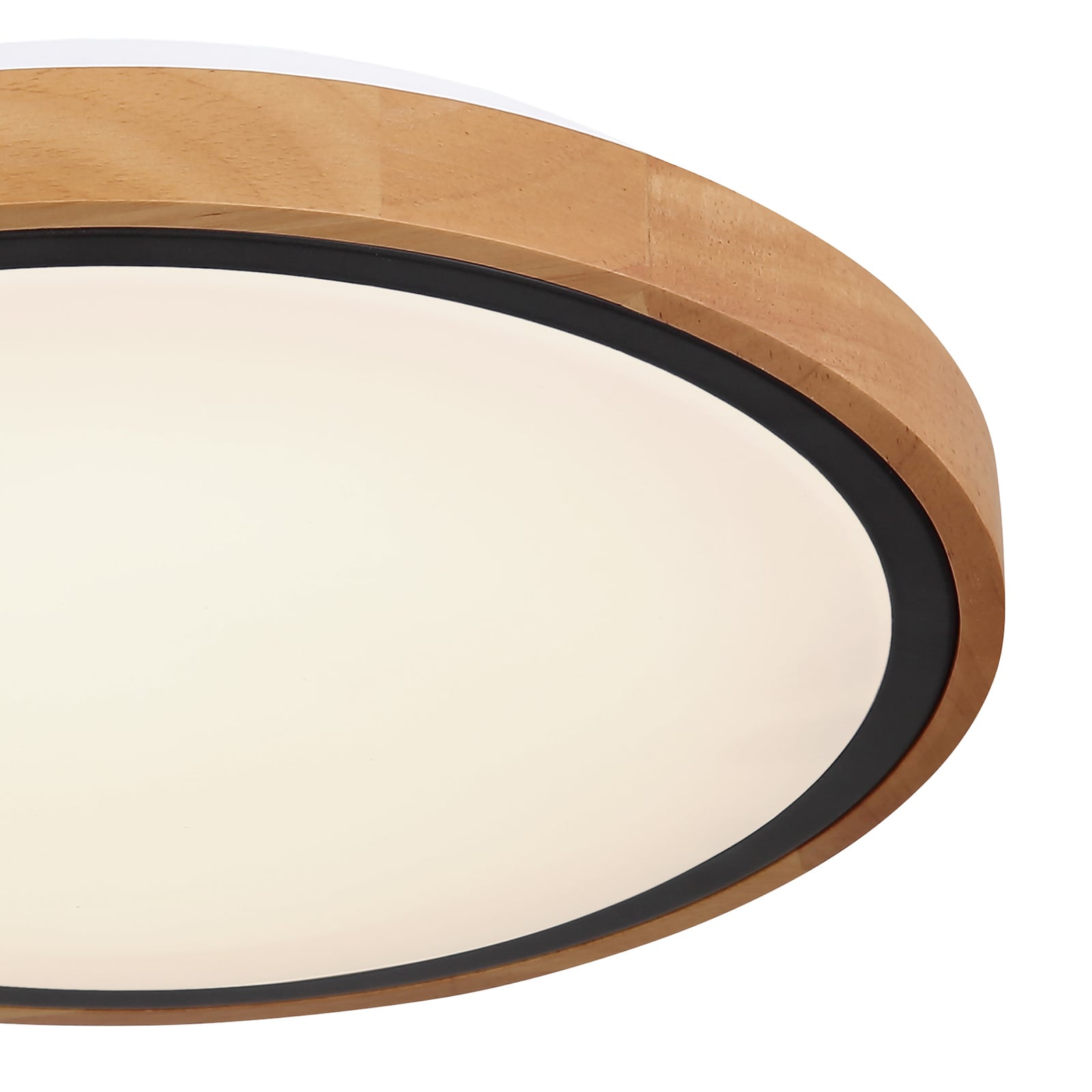 Nærbilde av akryl-diffuser på LED taklampe Bruno med treramme
