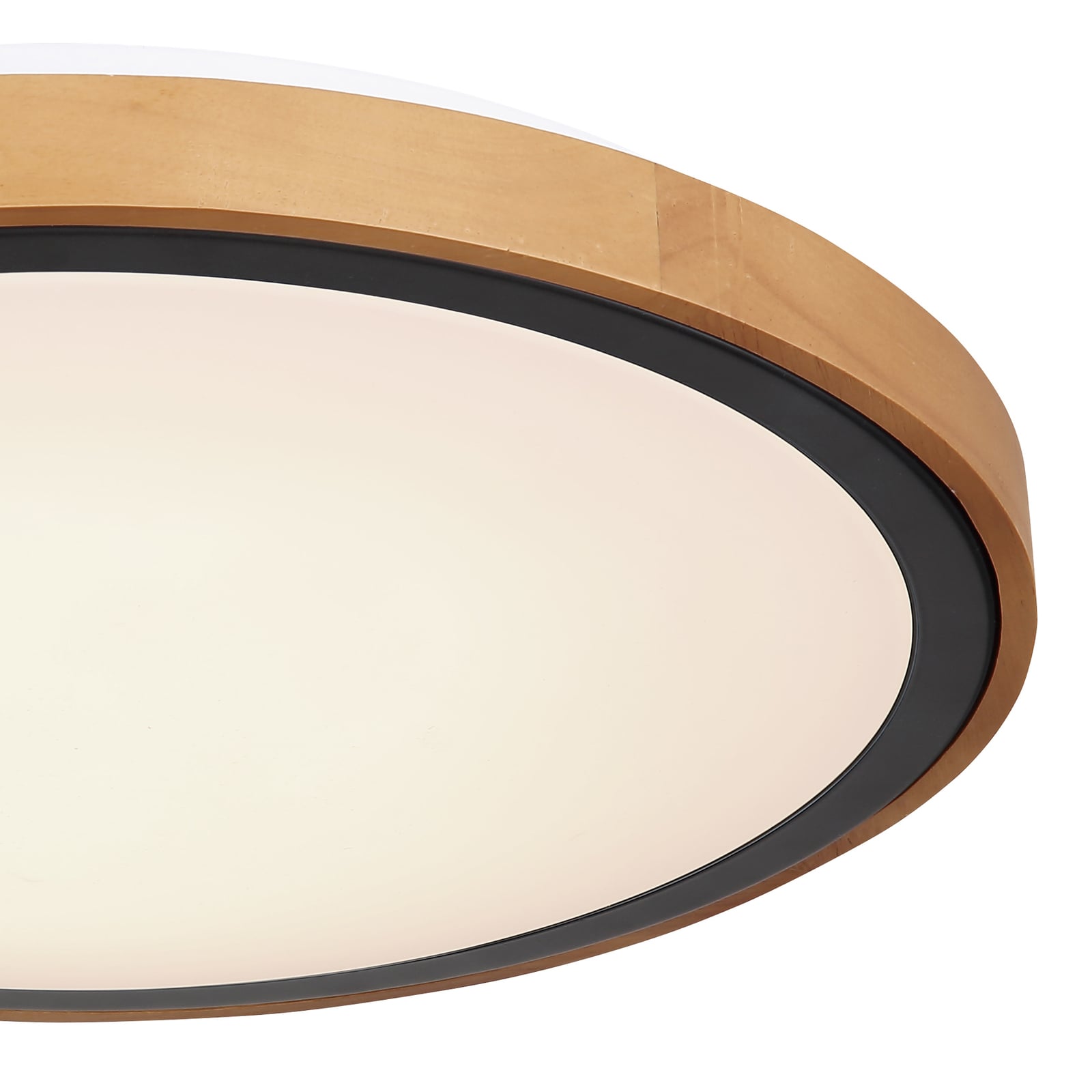 Nærbilde av materialer på LED taklampe Bruno med treramme CCT Ø44 cm 24W