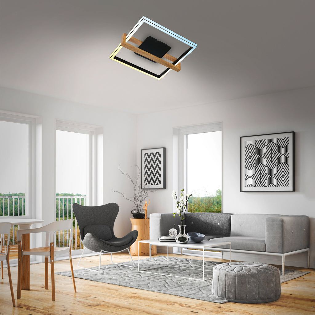 Bakside av LED taklampe CCT dimbar svart tre med fjernkontroll 49 cm