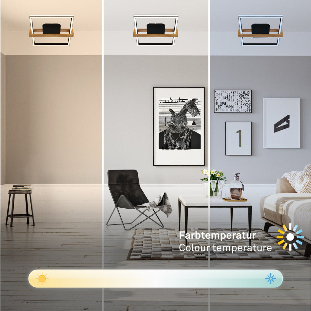 Nærbilde av LED-lys under opal deksel på LED taklampe CCT dimbar svart tre med fjernkontroll 49 cm