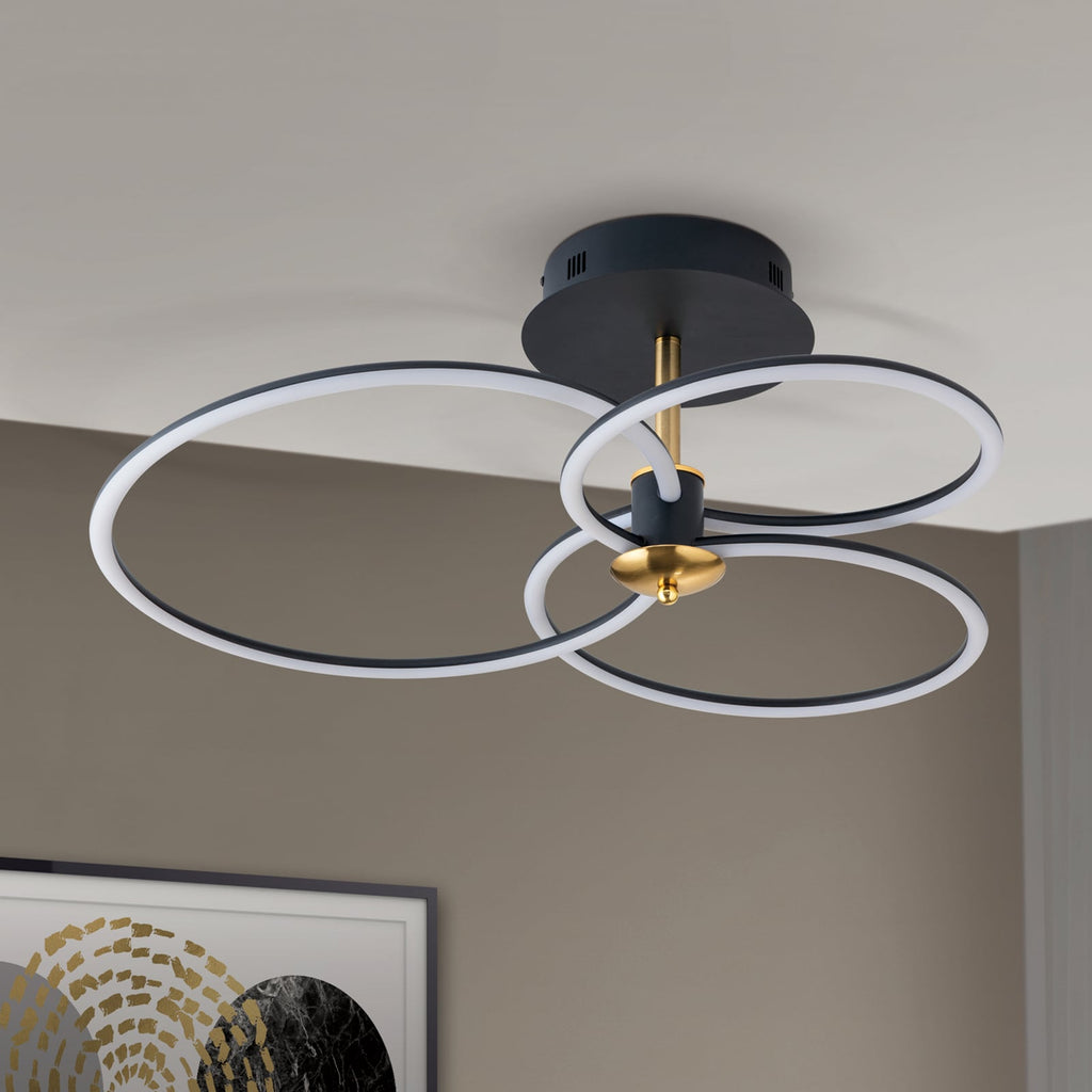 LED taklampe Charlotte 3 ringer svart/gull bakside