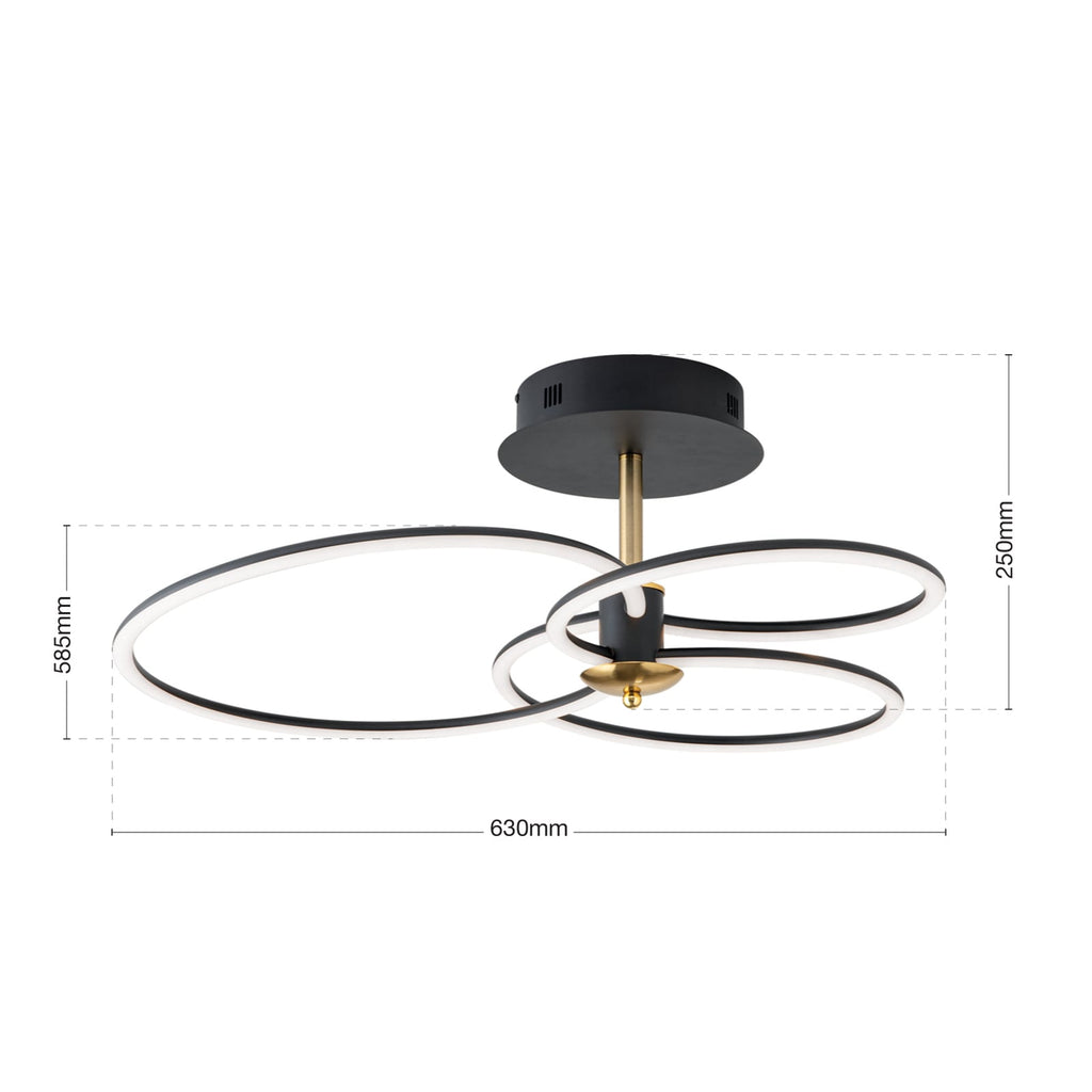LED taklampe Charlotte 3 ringer svart/gull montert i rom