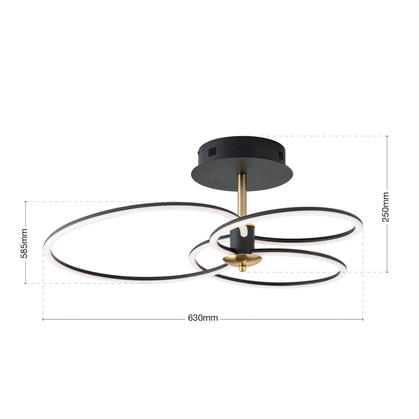 LED taklampe Charlotte 3 ringer svart/gull montert i rom