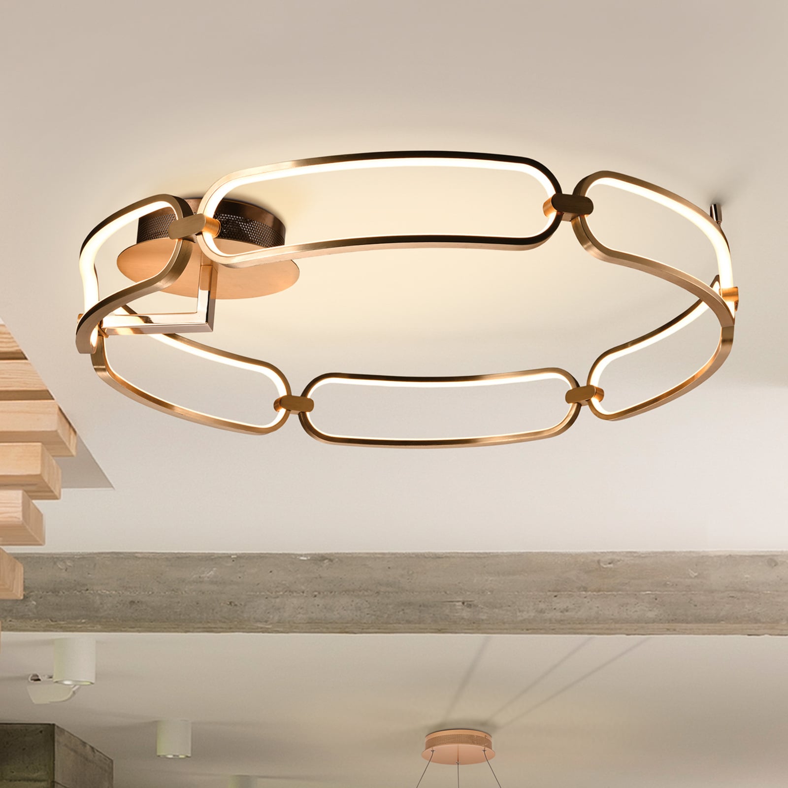 LED taklampe Colette 6-lys roségull Ø80 cm nærbilde av metall og diffusor