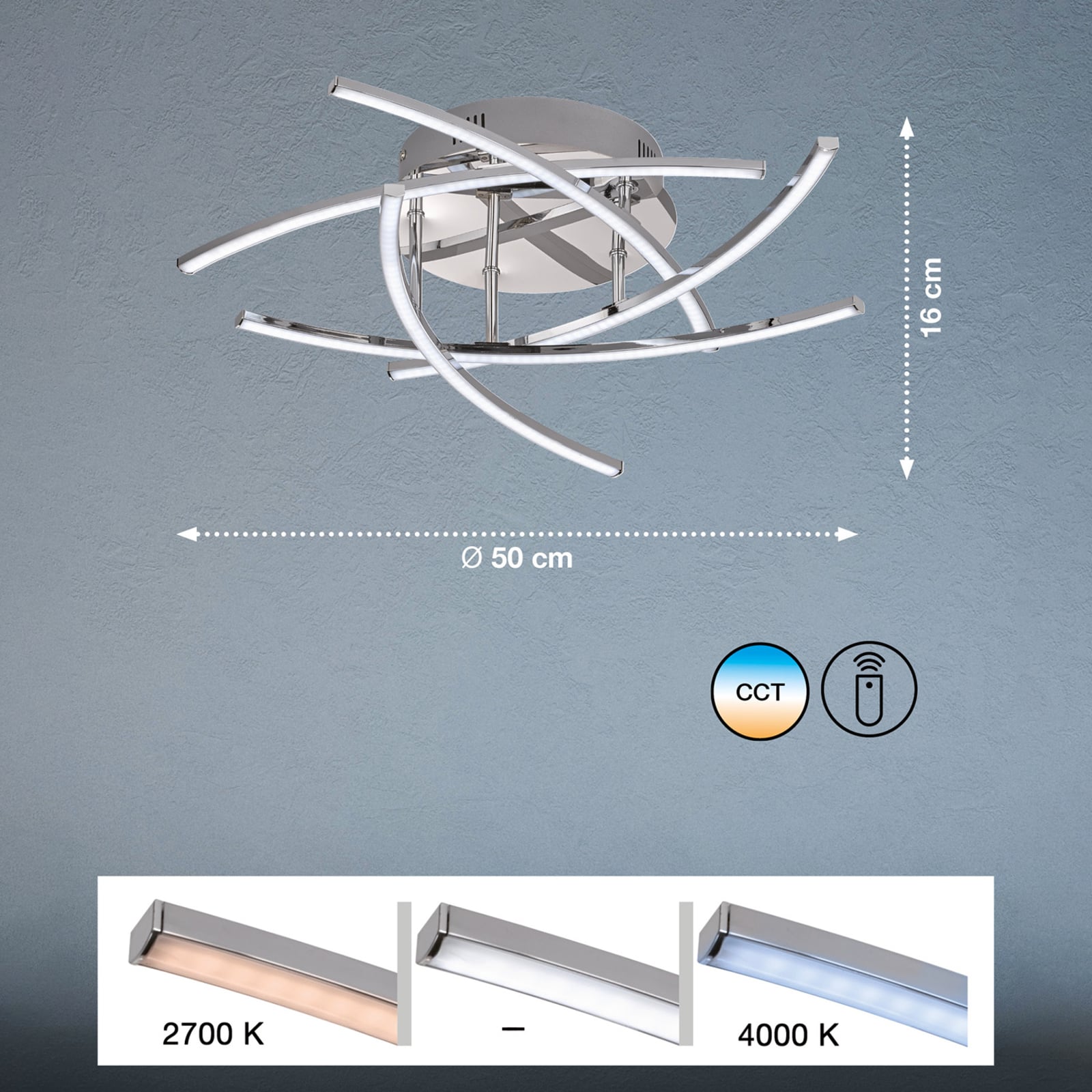 LED taklampe Cross 5-lys krom Ø50 cm CCT dimbar med fjernkontroll sideprofil
