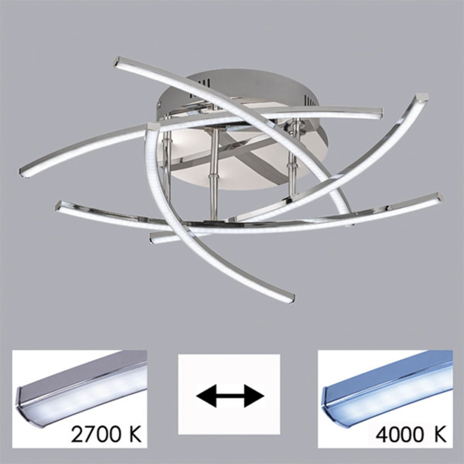 LED taklampe Cross 5-lys krom Ø50 cm CCT dimbar med fjernkontroll lysspredning