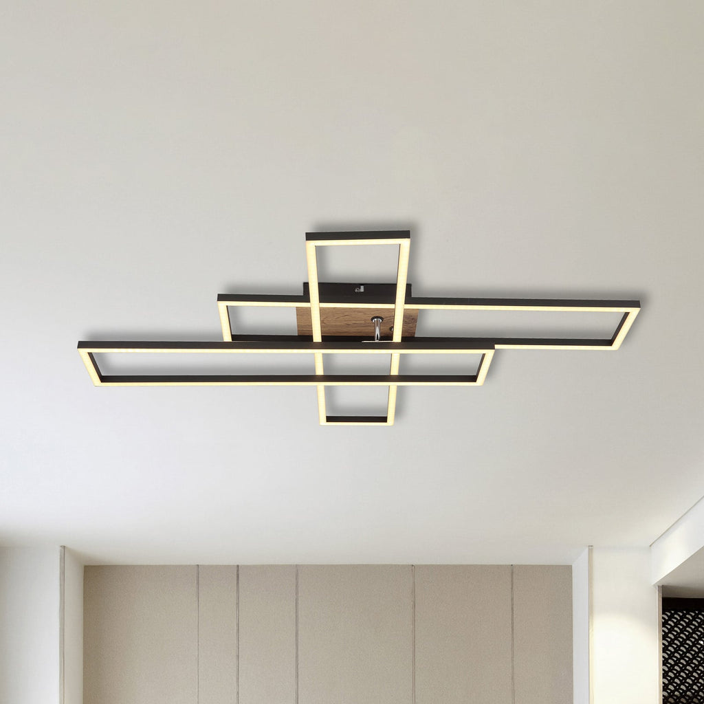 LED-taklampe Dakari 3-lys svart/tre sett forfra