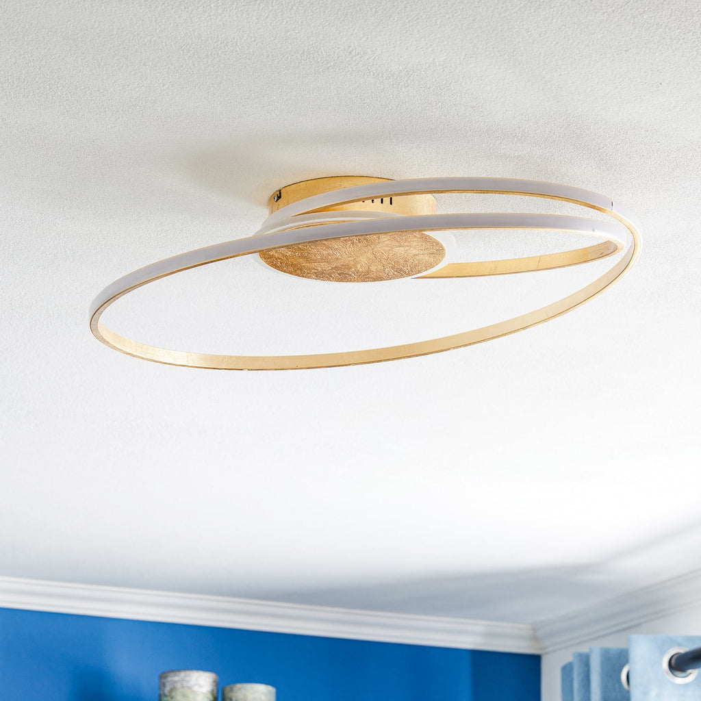 LED-taklampe Dorle dimbar gull Ø60 cm bakside og montering