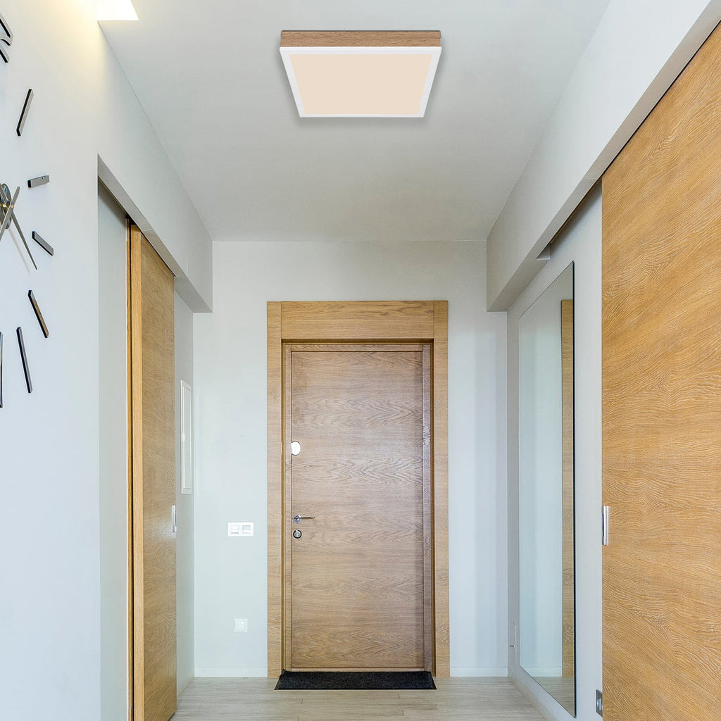Bakside av LED taklampe Doro mørkt tre 30x30 cm 12W varmhvit