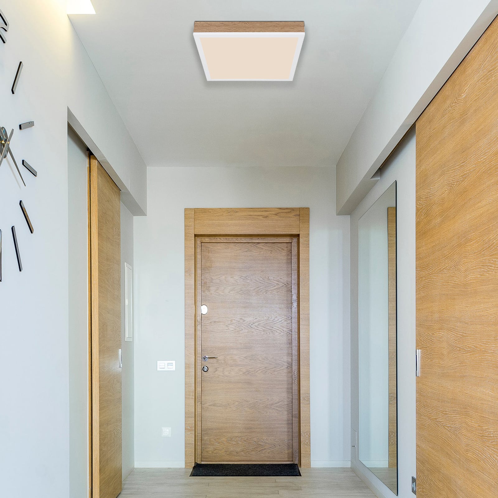 Bakside av LED taklampe Doro mørkt tre 30x30 cm 12W varmhvit