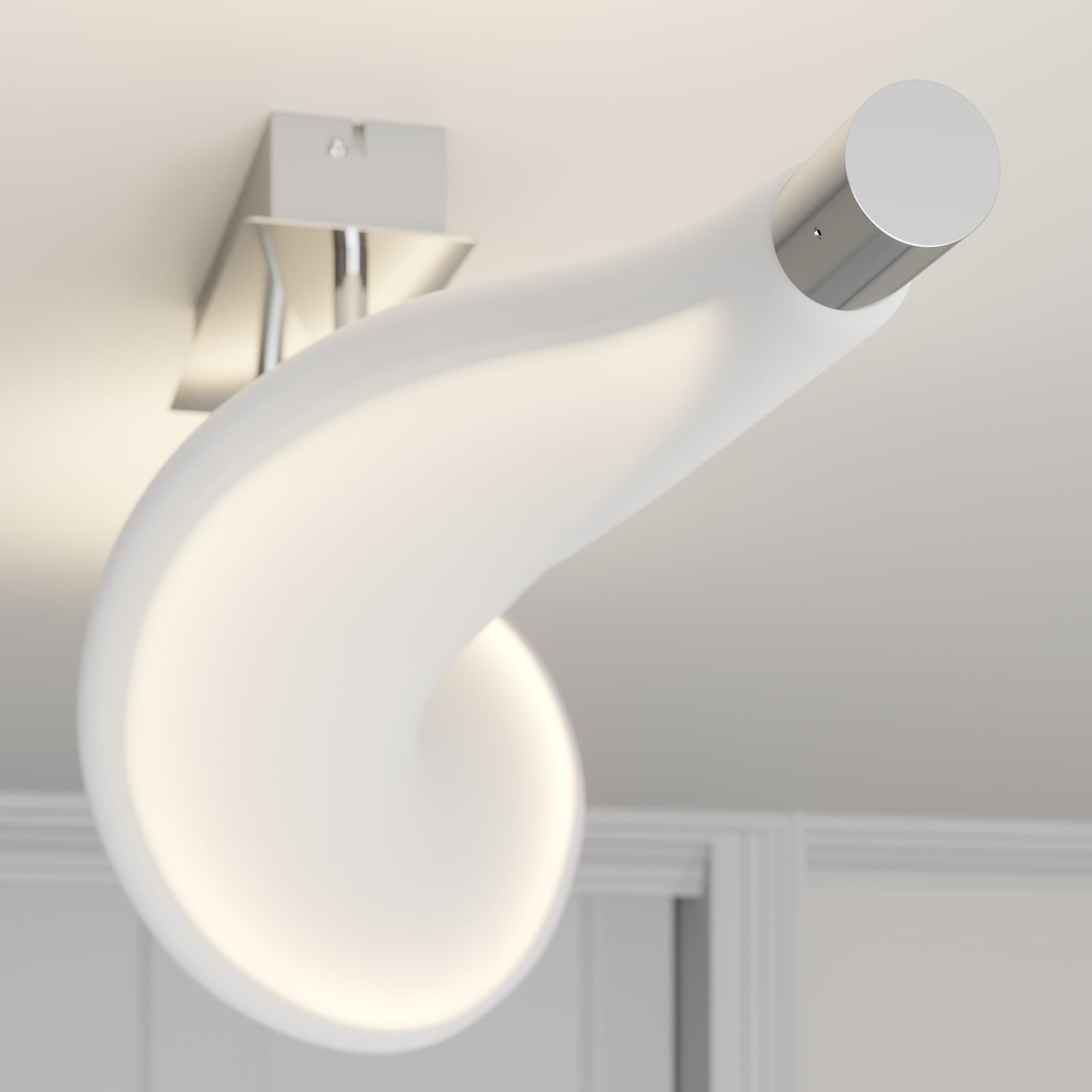 Nærbilde av aluminium og tekstil på LED taklampe Edano hvit tekstil dimbar 122 cm