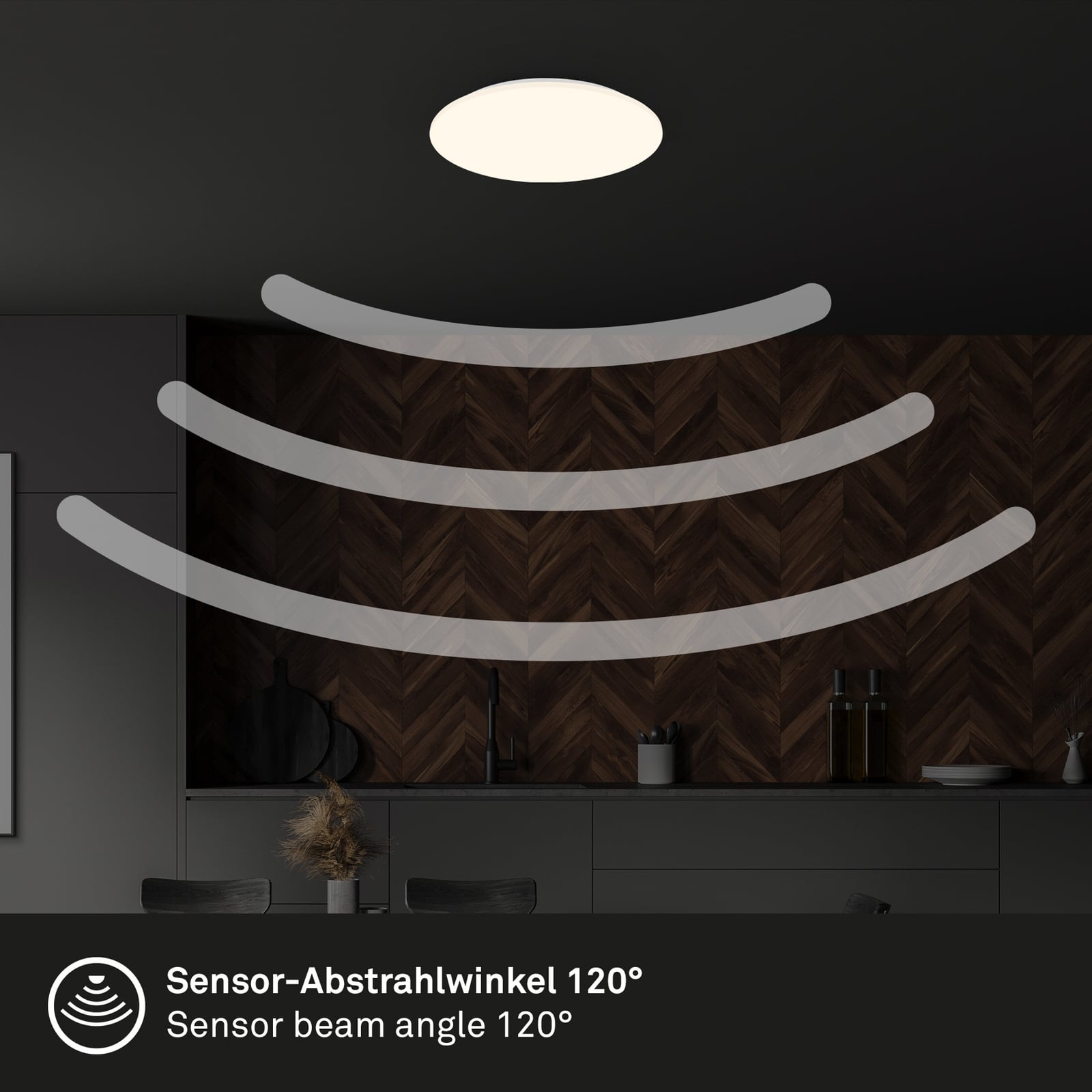 Montert LED taklampe Ekos med bevegelsessensor i rom