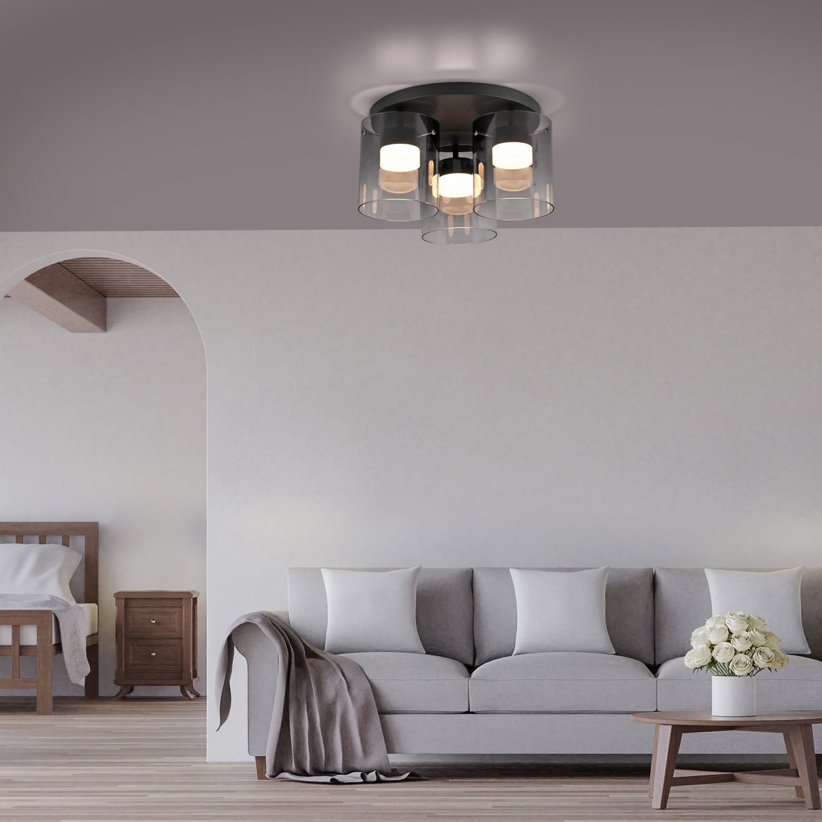 LED taklampe Elio 3-lys røykglass dimbar bakside