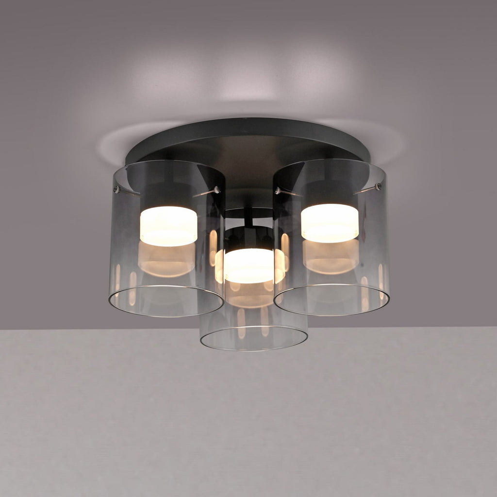 LED taklampe Elio 3-lys røykglass dimbar forfra