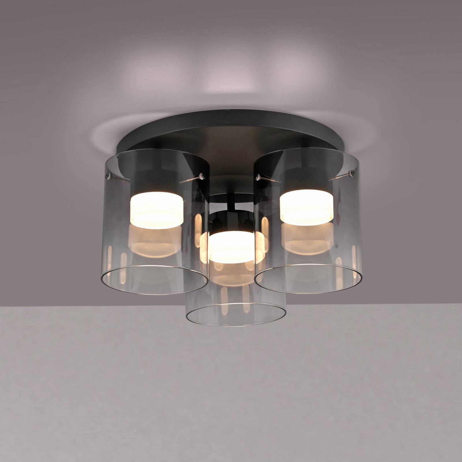LED taklampe Elio 3-lys røykglass dimbar forfra