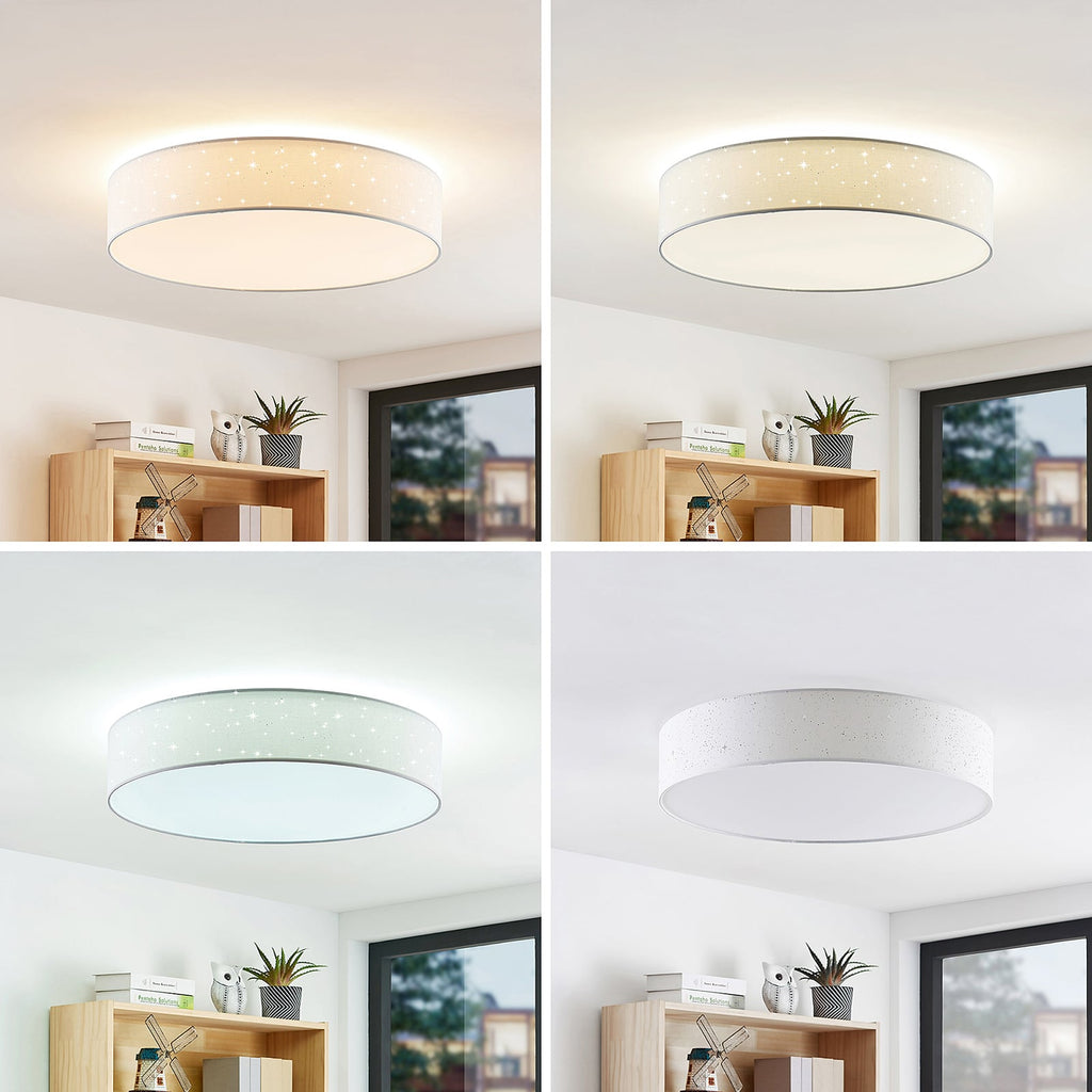 Nærbilde av tekstilskjerm på LED taklampe Ellamina