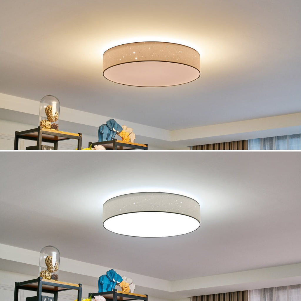 LED taklampe Ellamina dimbar CCT tekstil Ø60 cm 30W lys i mørke