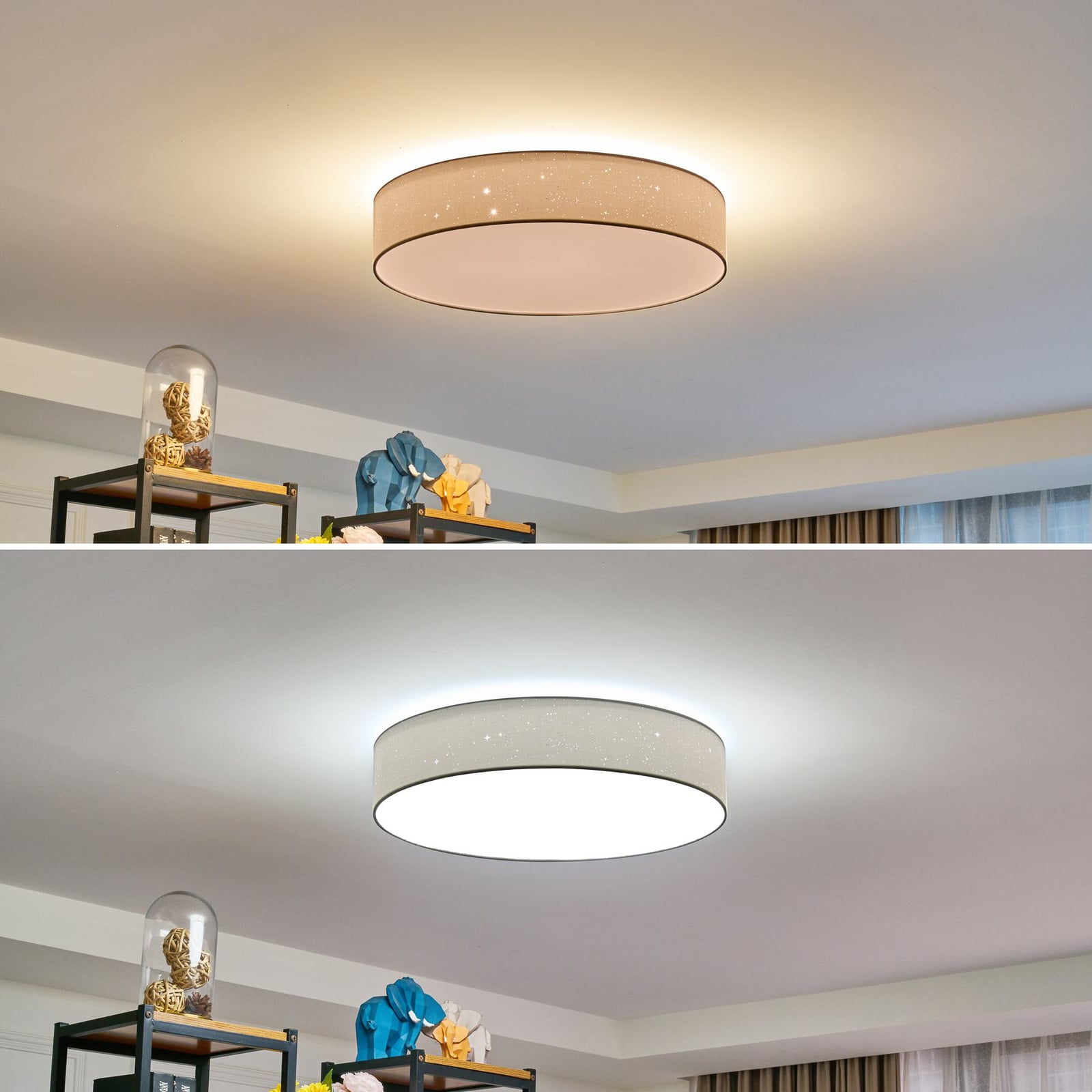 LED taklampe Ellamina dimbar CCT tekstil Ø60 cm 30W lys i mørke