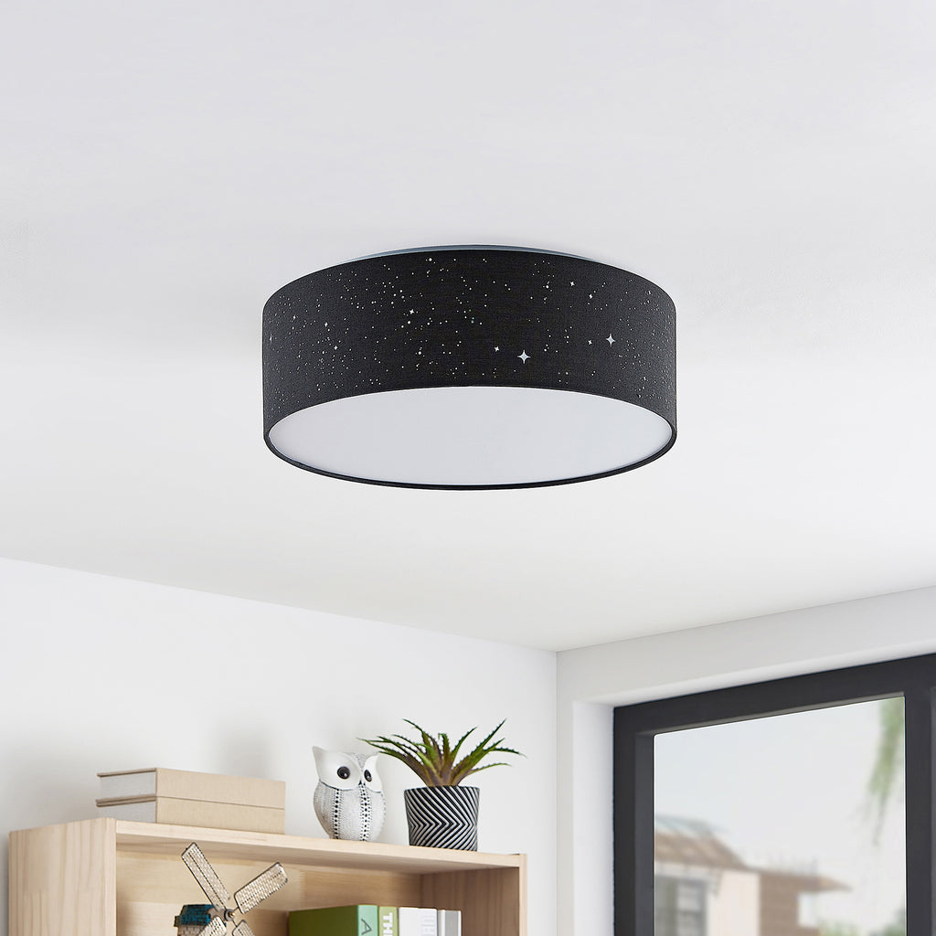 LED taklampe Ellamina svart tekstil Ø40 cm CCT stjernehimmel detalj av tekstilskjerm