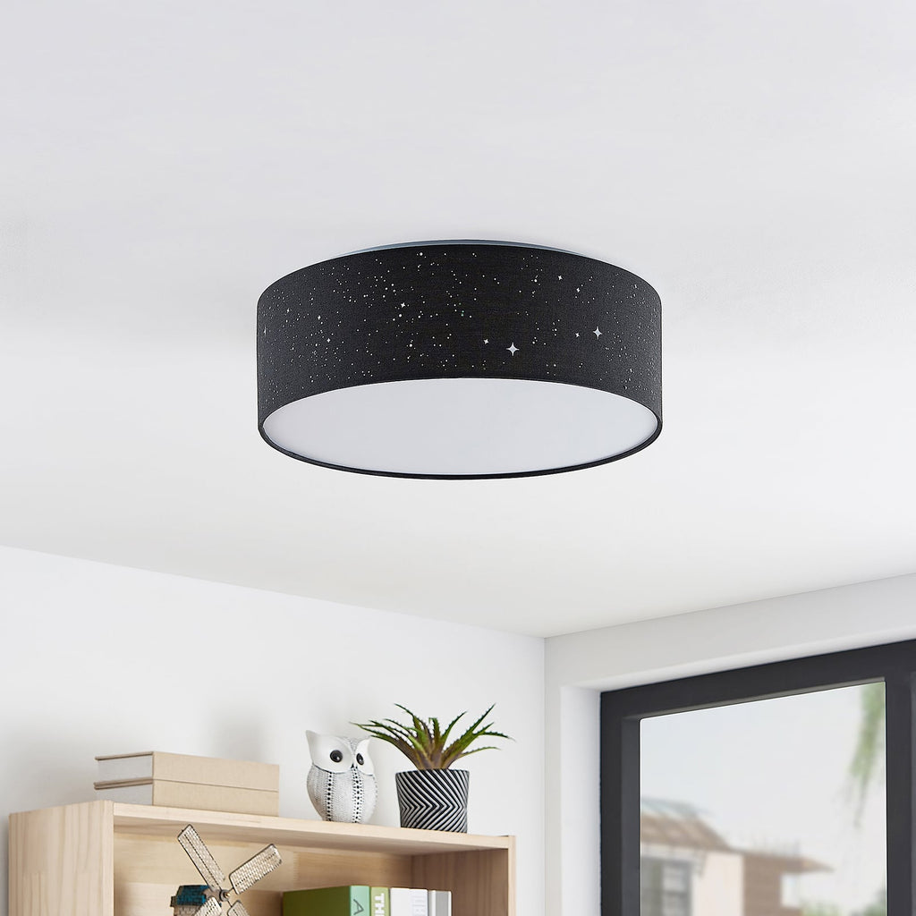 LED taklampe Ellamina svart tekstil Ø40 cm CCT stjernehimmel detalj av tekstilskjerm