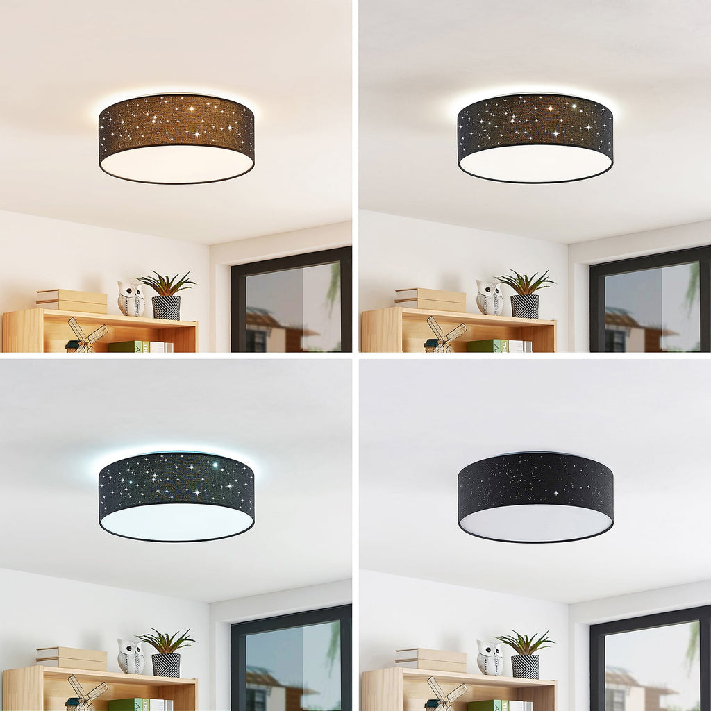 LED taklampe Ellamina svart tekstil Ø40 cm CCT stjernehimmel montert i tak