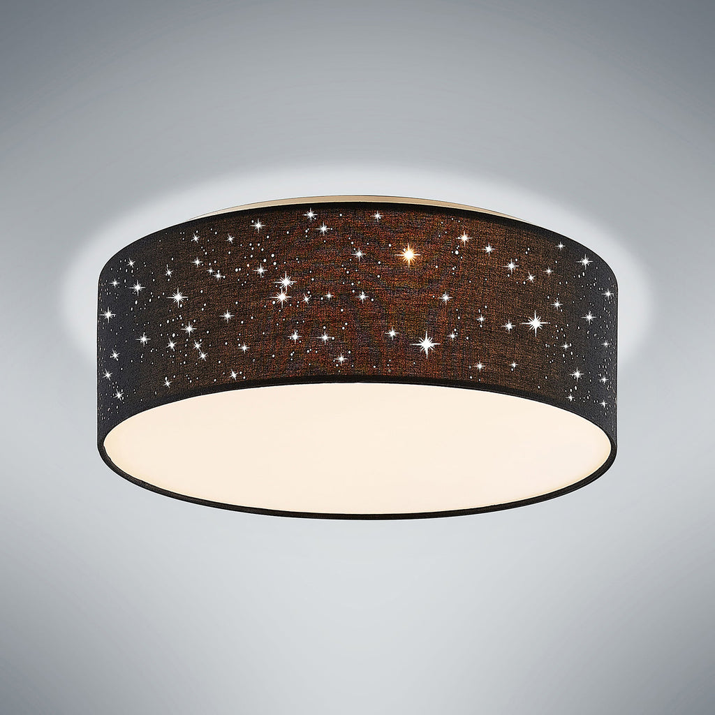 LED taklampe Ellamina svart tekstil Ø40 cm CCT stjernehimmel nærbilde av glitrende mønster