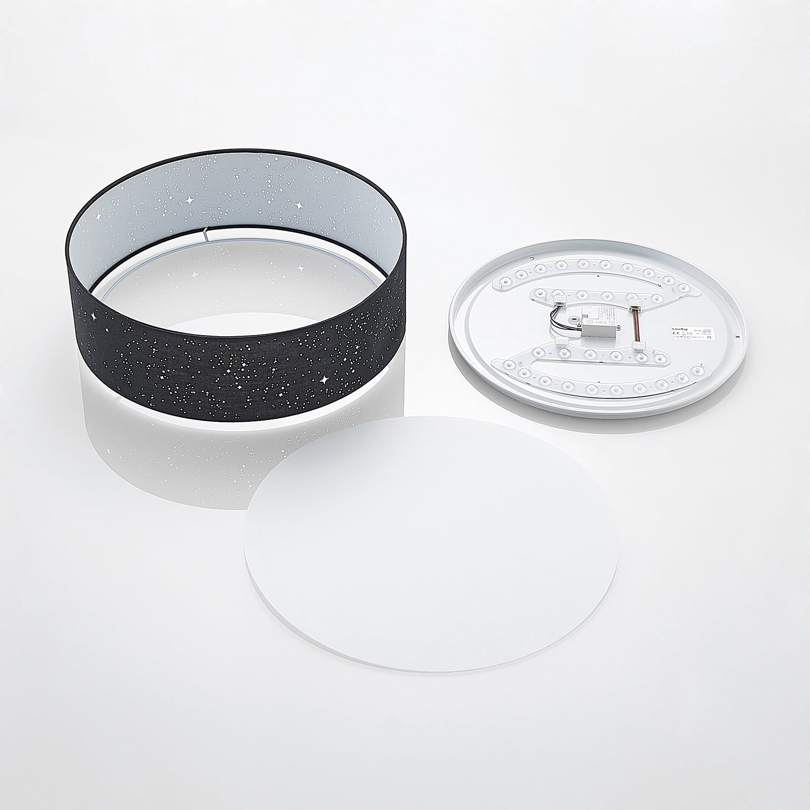LED taklampe Ellamina svart tekstil Ø40 cm CCT stjernehimmel med lyset av