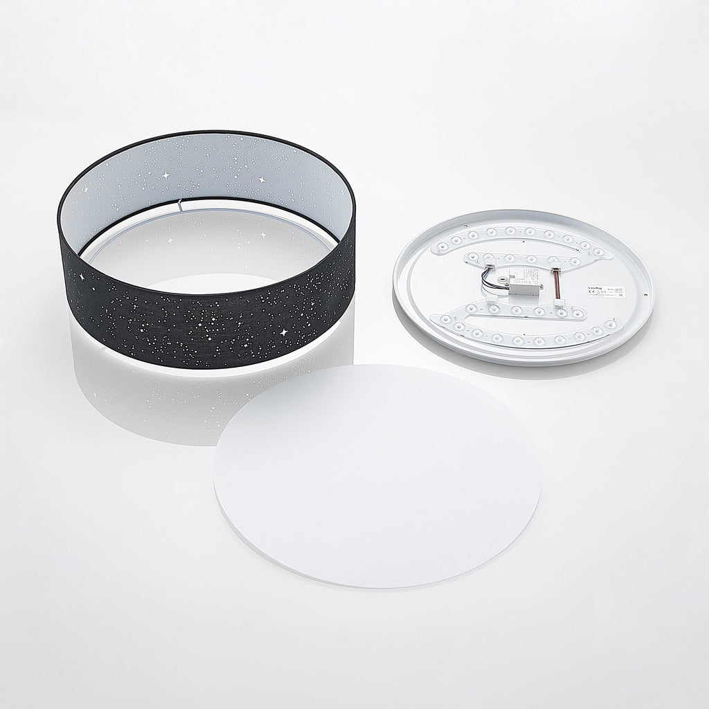 LED taklampe Ellamina svart tekstil Ø40 cm CCT stjernehimmel med lyset av