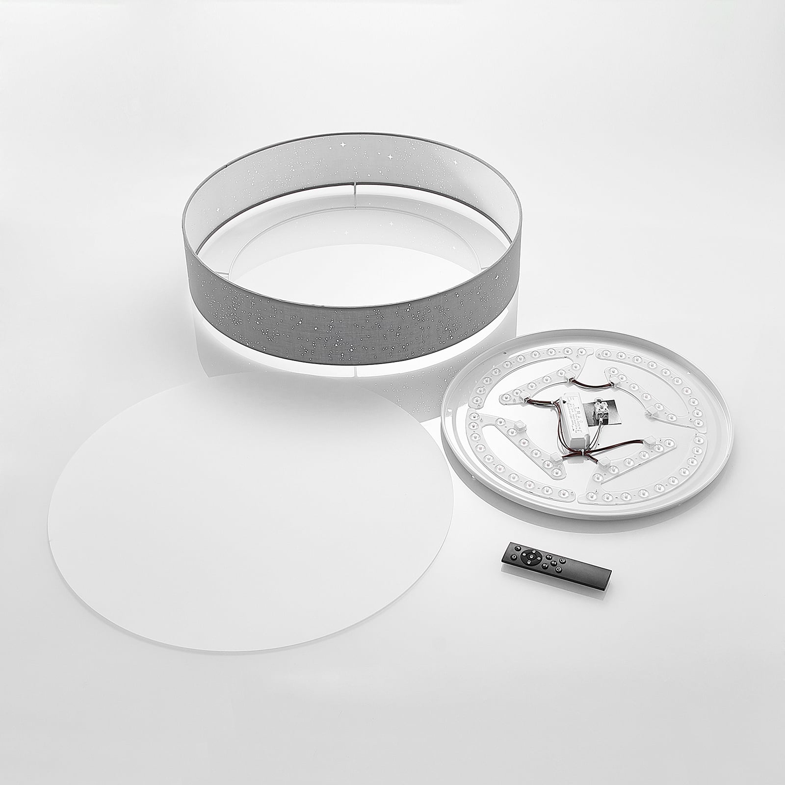 LED taklampe Ellamina tekstil dimbar Ø60 cm CCT med fjernkontroll lyseffekt stjernehimmel