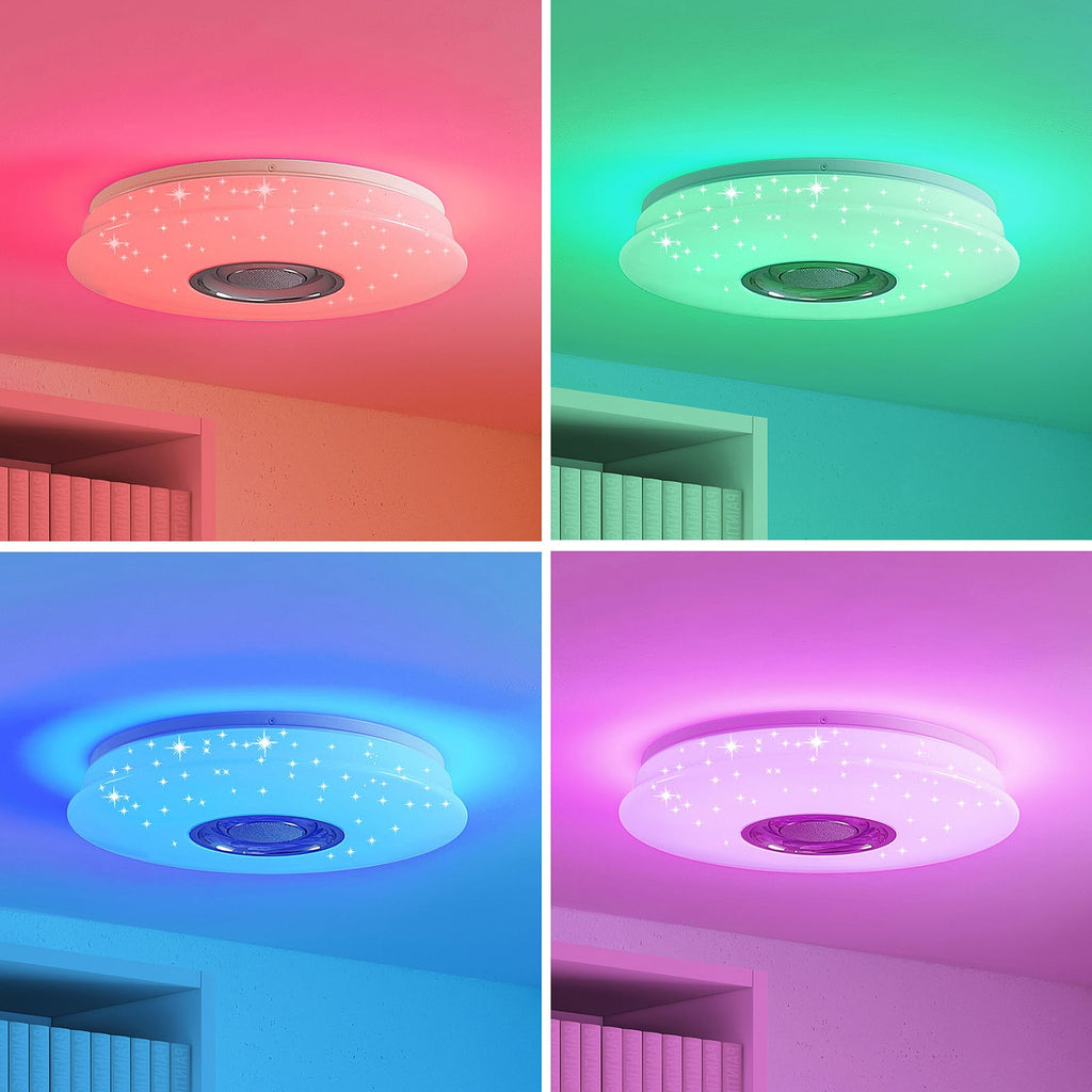 Montert LED taklampe Elpida RGB med høyttaler i stue