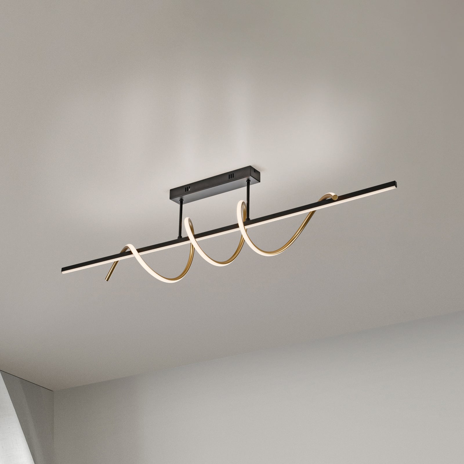 LED taklampe Emanda dimbar svart-messing 120 cm forfra