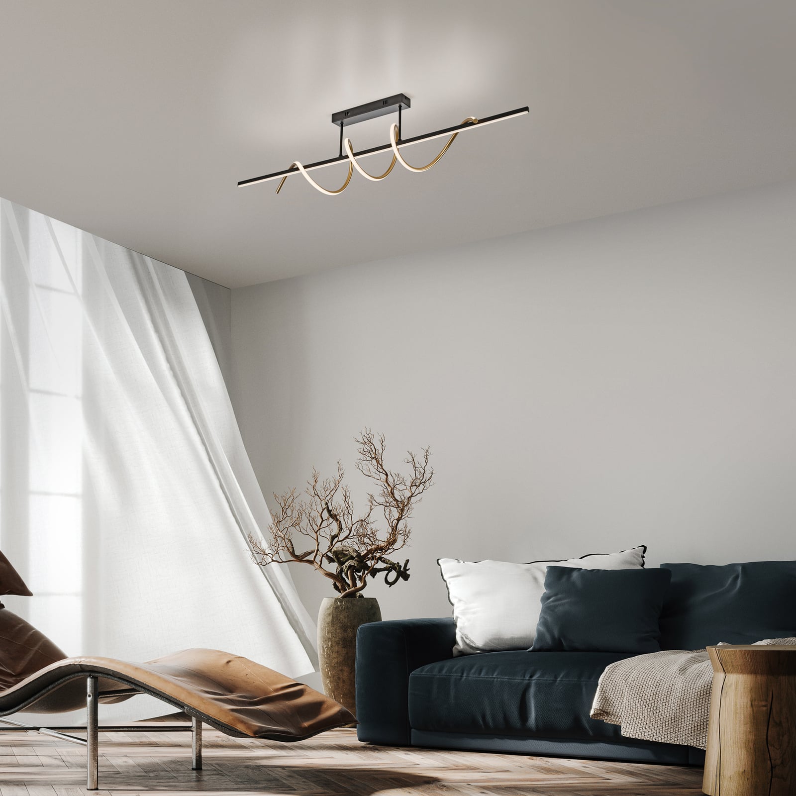 LED taklampe Emanda dimbar svart-messing 120 cm bakside
