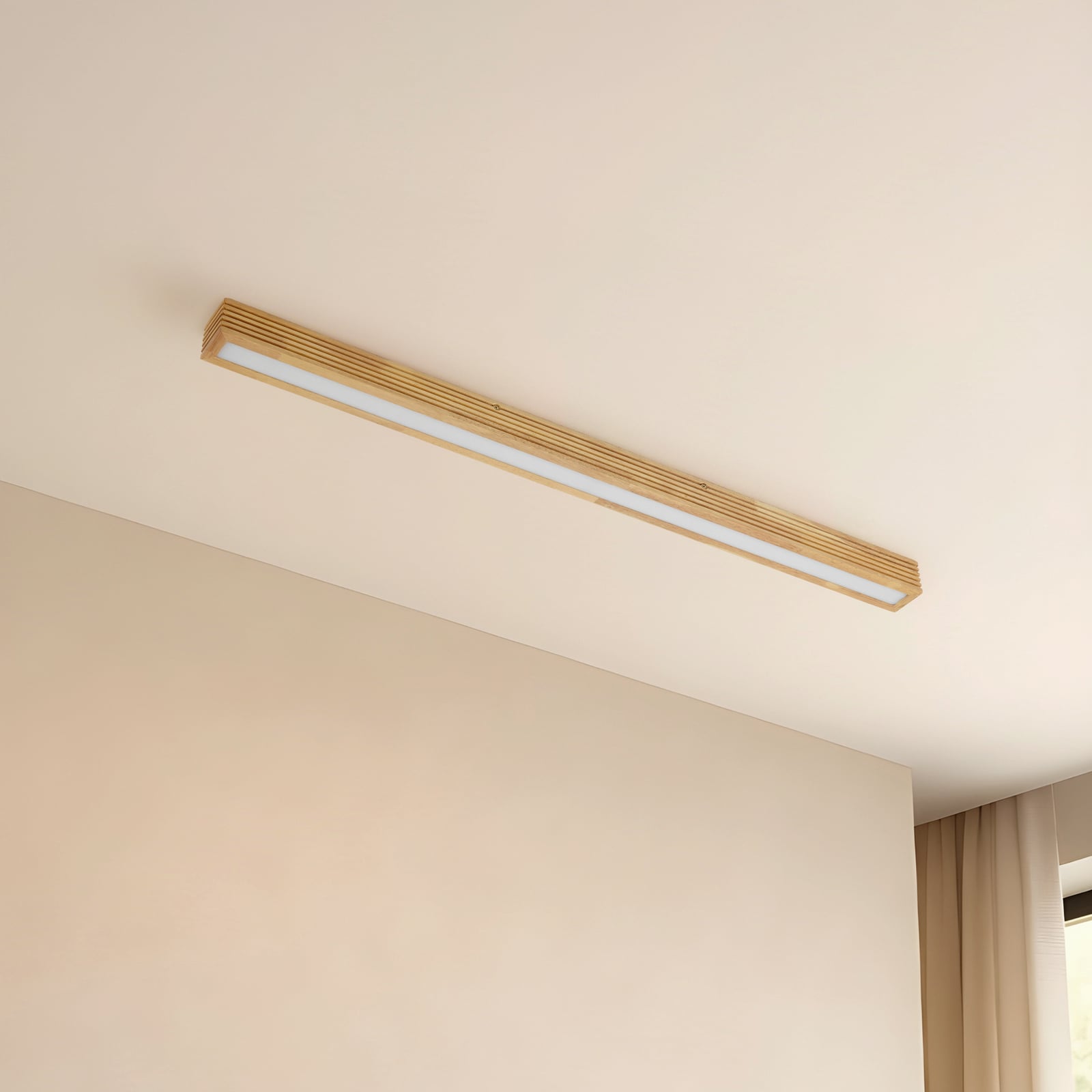 Montert LED taklampe Emara eik dimbar 100 cm 18W varmhvit i rom