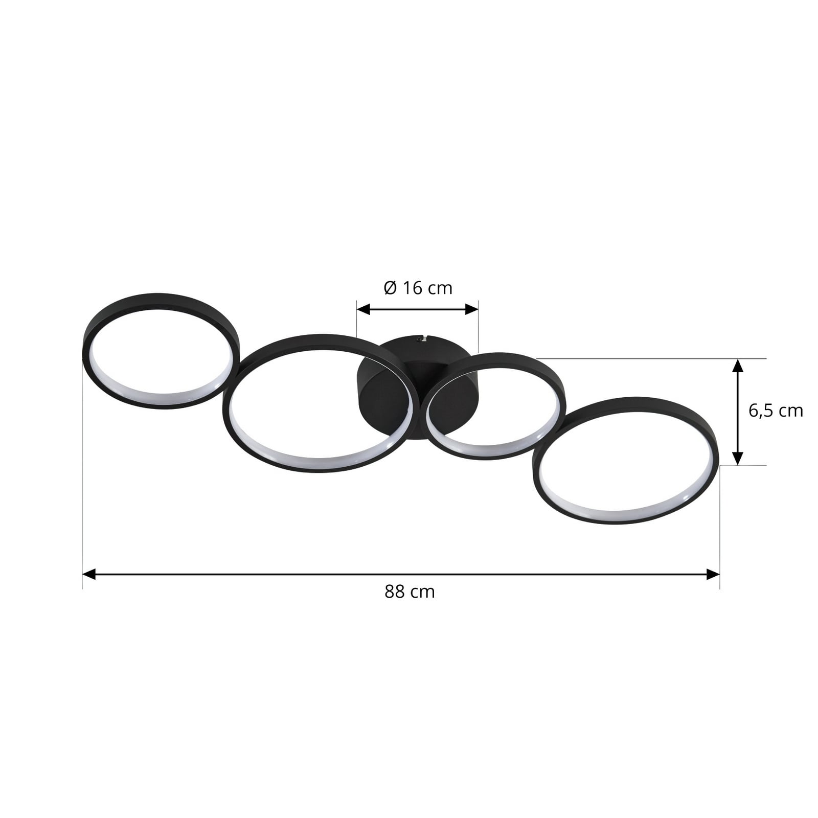 LED taklampe Evengeline 4 ringer svart aluminium detalj av lysringer