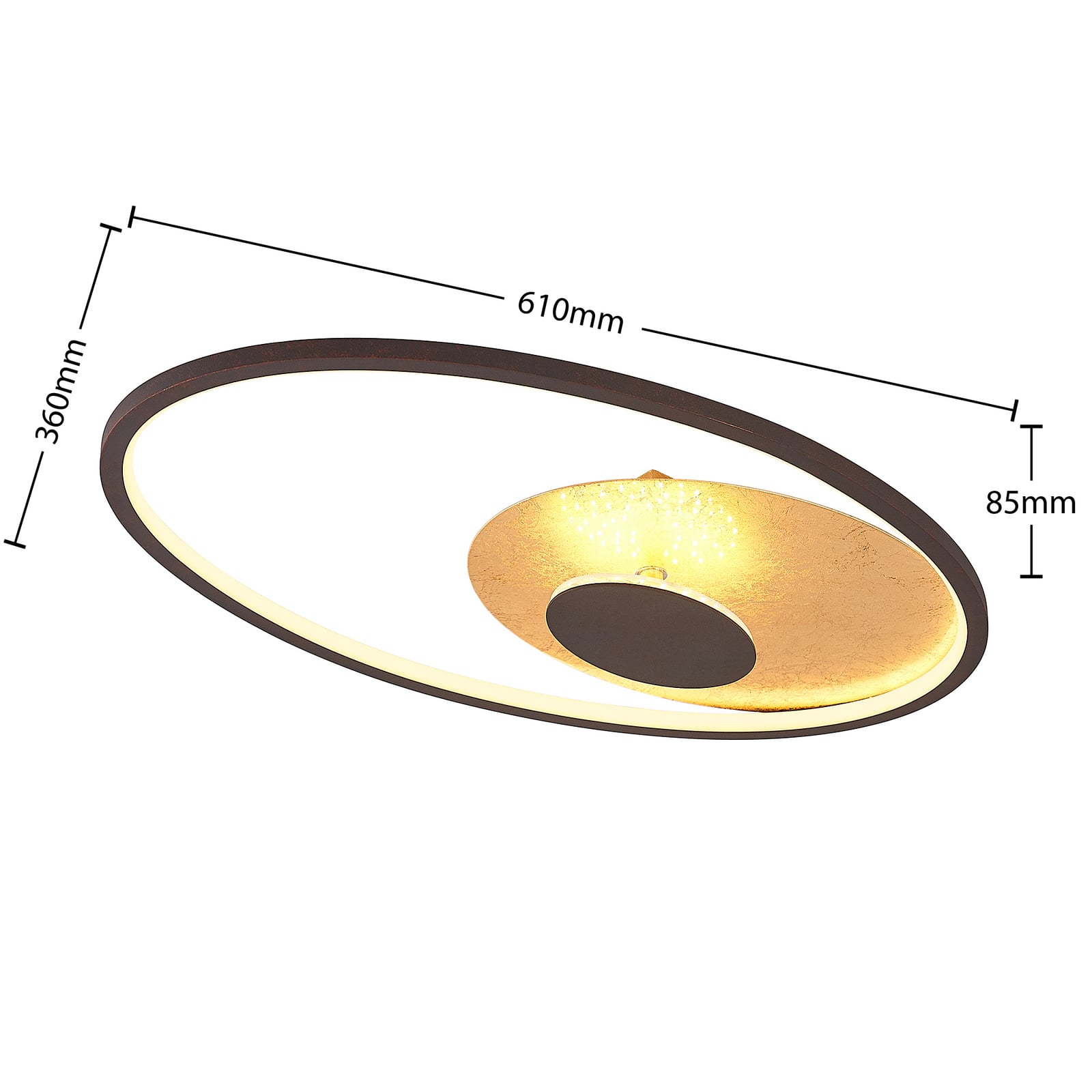 LED taklampe Feival dimbar rust/gull 61x36 cm fra siden