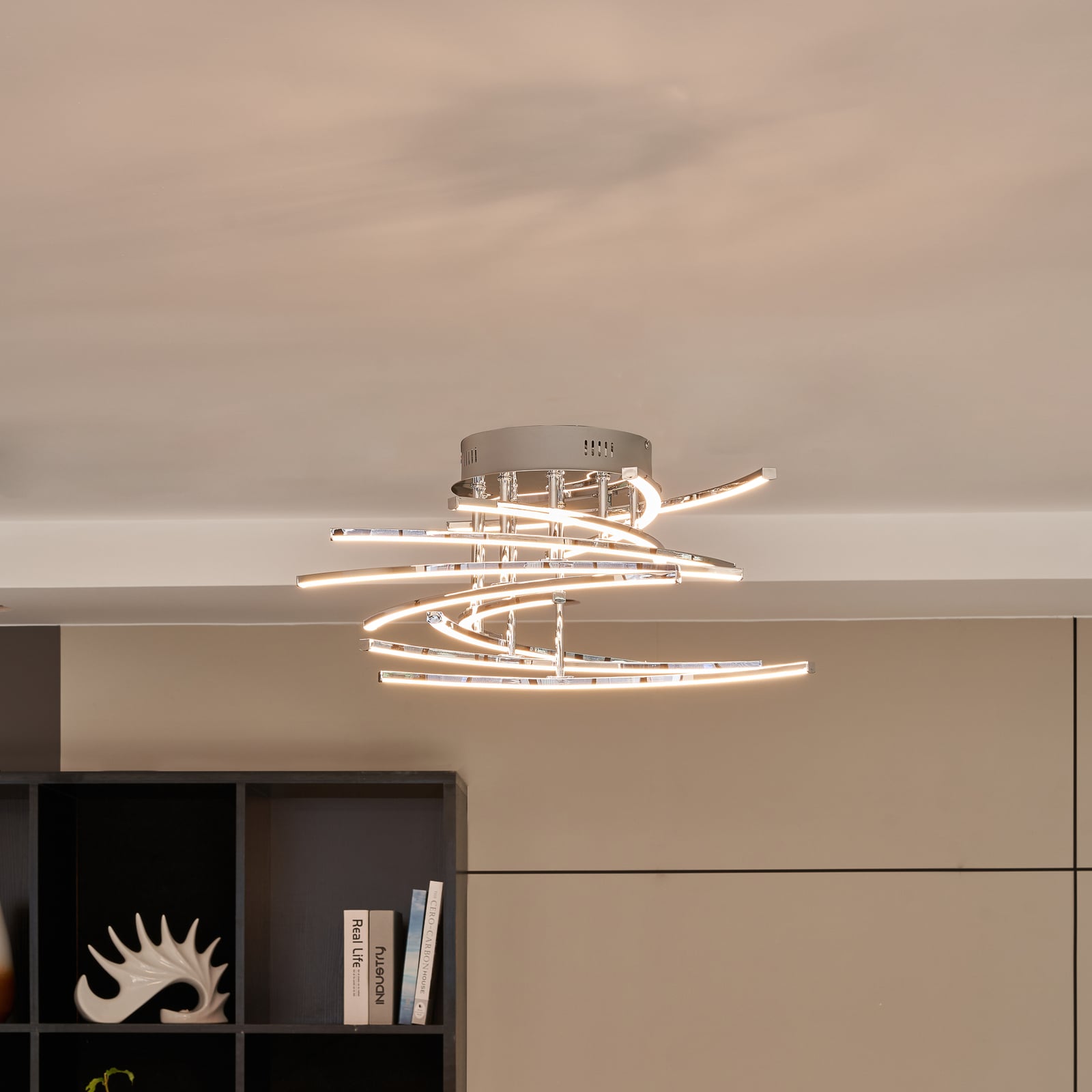 LED taklampe Flakira 10-lys dimbar krom Ø55 cm forfra