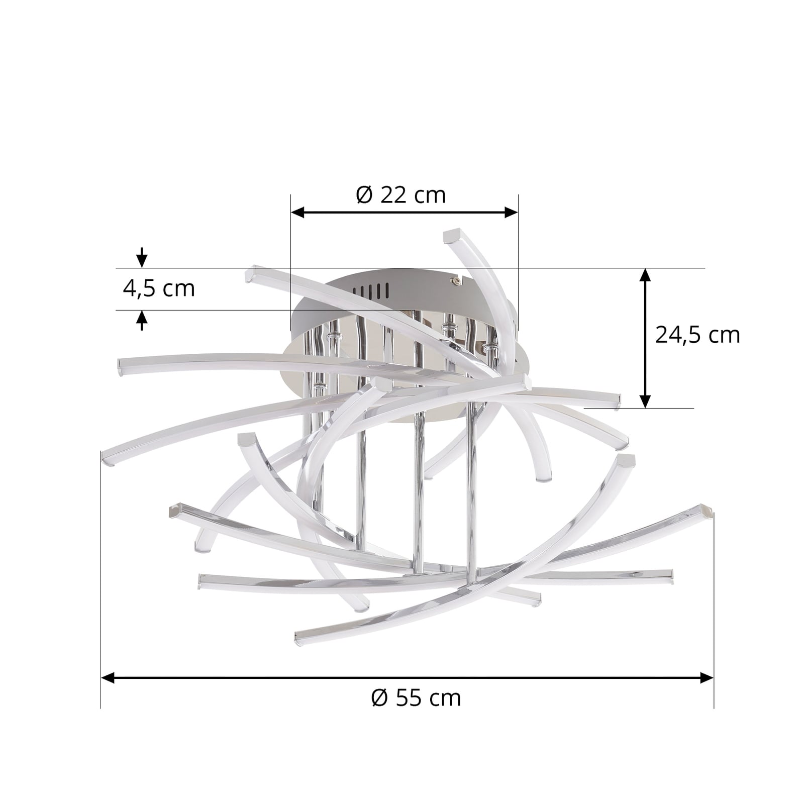 Montert LED taklampe Flakira 10-lys dimbar krom Ø55 cm i rom