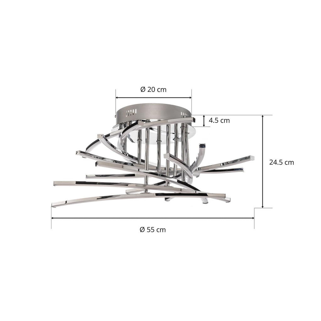 LED taklampe Flakira 10-lys dimbar krom Ø55 cm fra siden