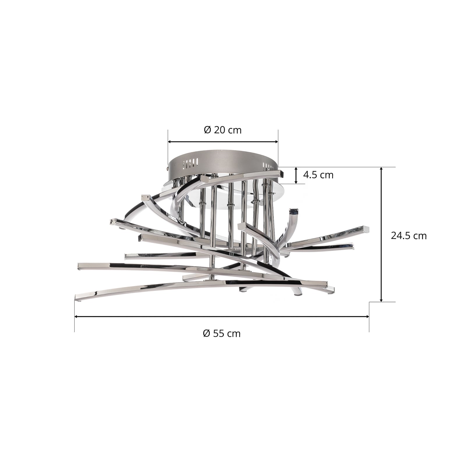 LED taklampe Flakira 10-lys dimbar krom Ø55 cm fra siden