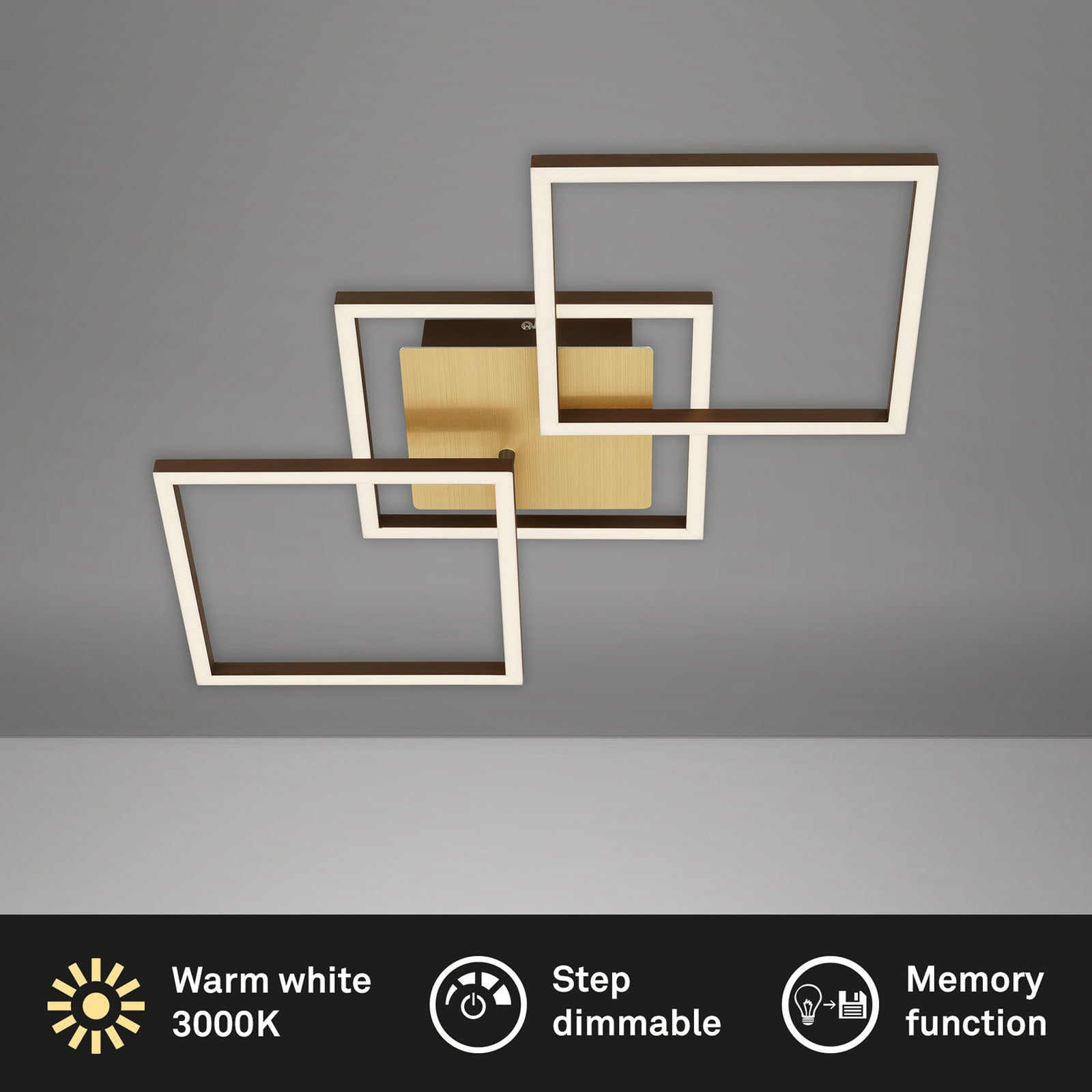 Detalj av LED taklampe Frame 3-lys dimbar gull/brun 76 cm