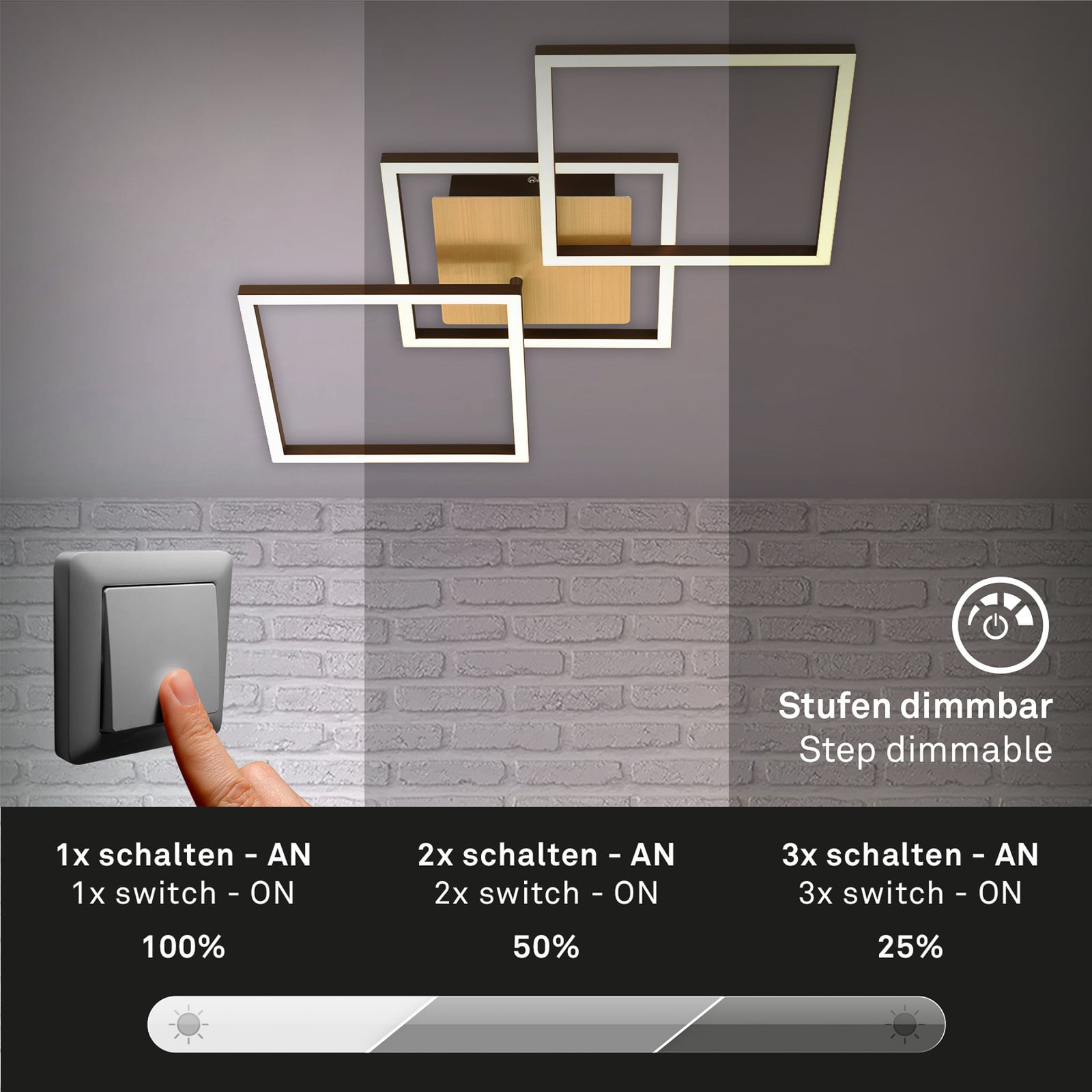Montert LED taklampe Frame 3-lys dimbar gull/brun 76 cm i rom